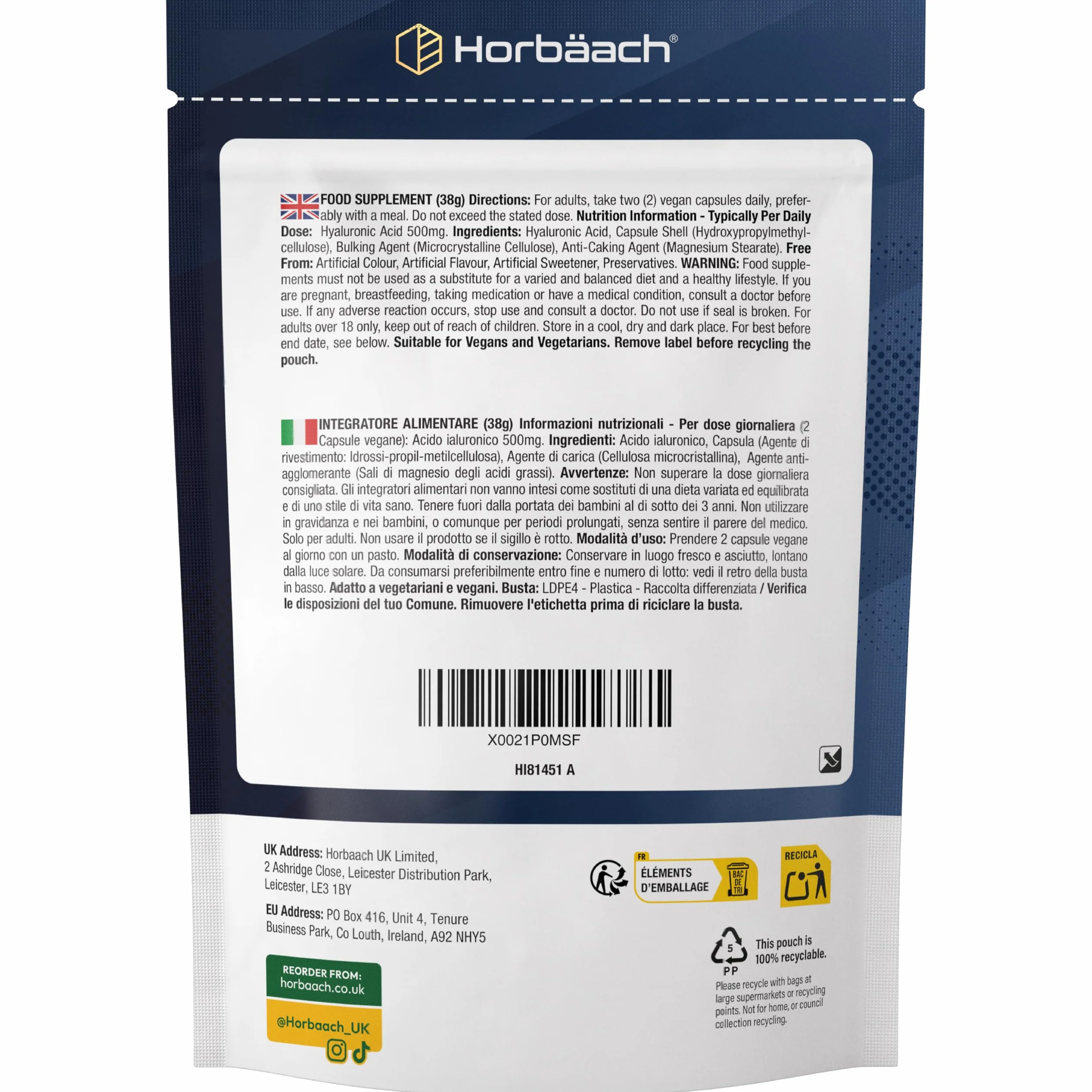 Horbaach Acido Ialuronico Compresse 500mg 90 Capsule Vegane Alto Dosaggio
