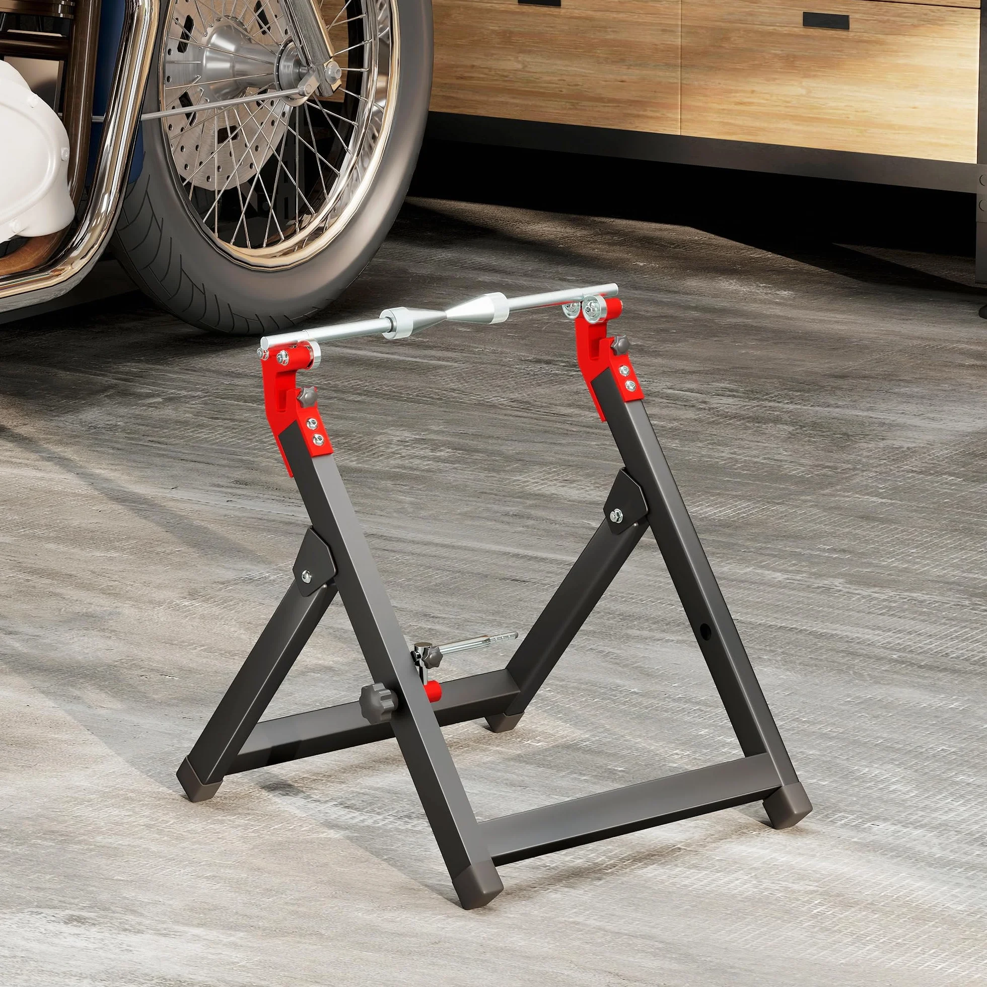 HOMCOM Bilanciatore manuale di ruote moto alluminio e acciaio bilanciamento danni ruote pieghevole con chiave a raggi, compatibile fino a 21 pollici, nero