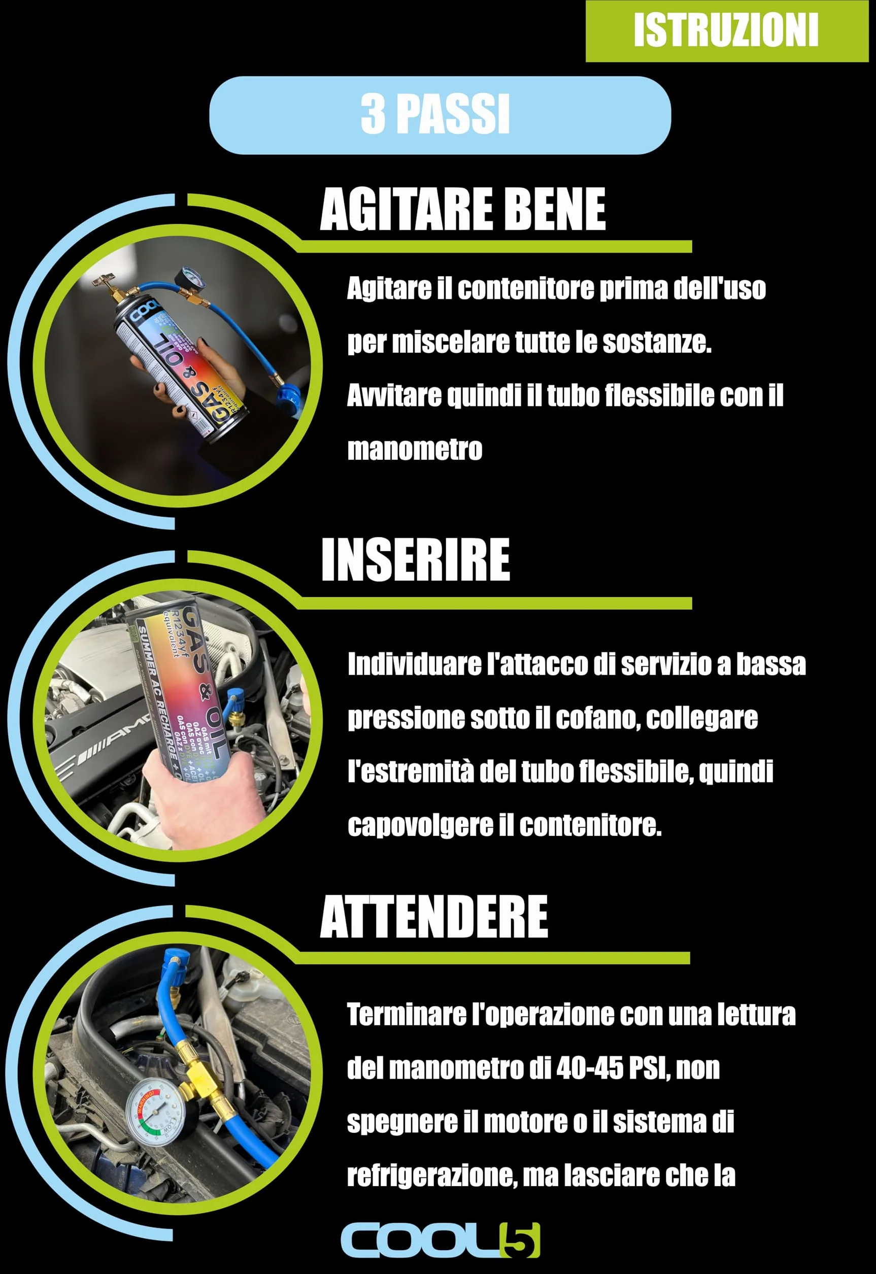 LIGHT R134a - Refrigerante di ricambio per condizionatori auto, 1 barattolo 2 in 1, 235 g + tubo di pressione con manometro