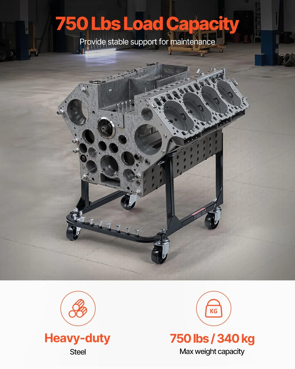VEVOR Supporto Motore a U, Sollevatore Motore 340 kg, Supporto in Acciaio con 4 Ruote Girevoli e 4 Posizioni di Aggancio per Motori BB-Chevy e Gen-1 SB-Chevy
