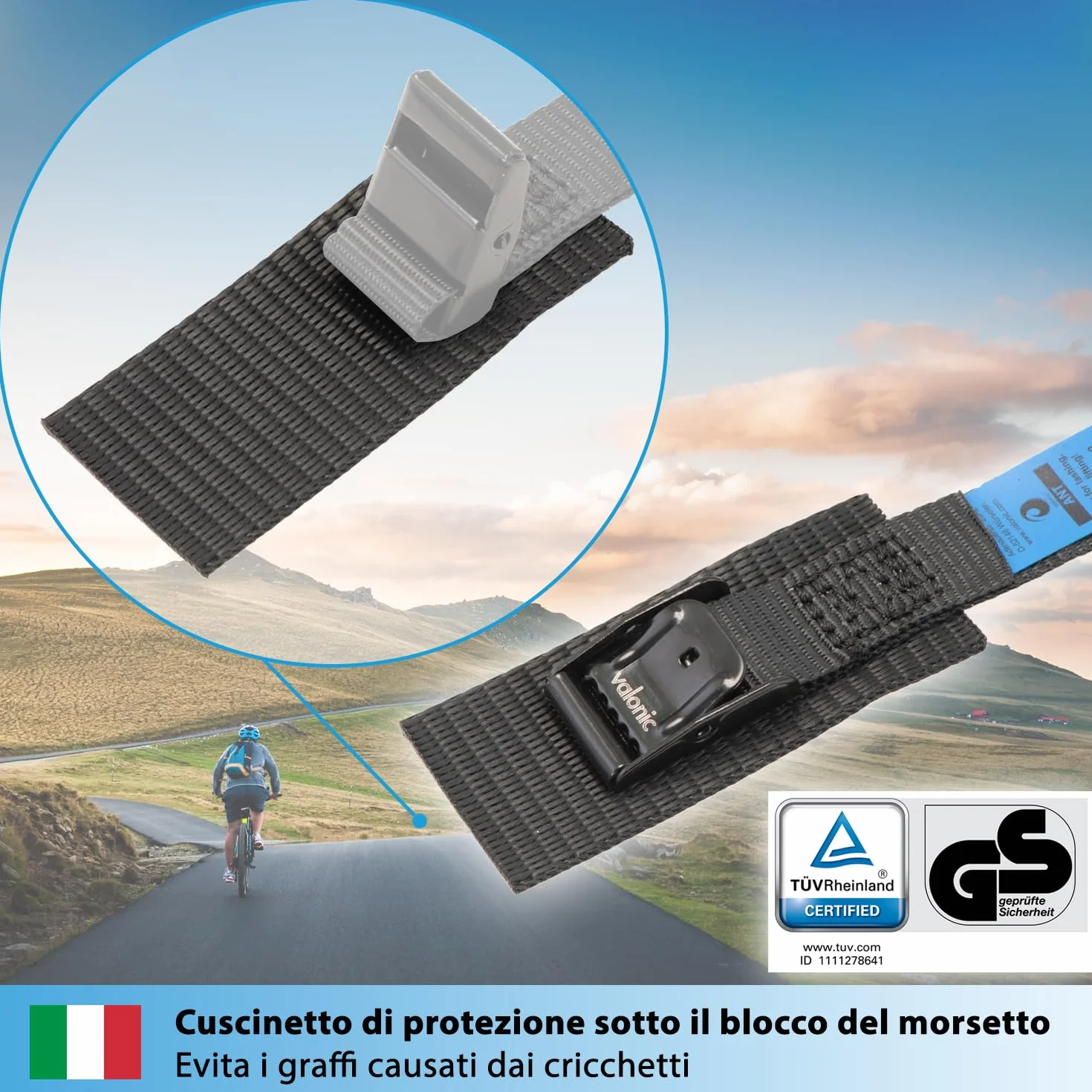 Valonic Cinghie di Fissaggio 35cm 19mm 80kg Imbottite Certificate TÜV Rheinland GS EN-12195-2 Nero