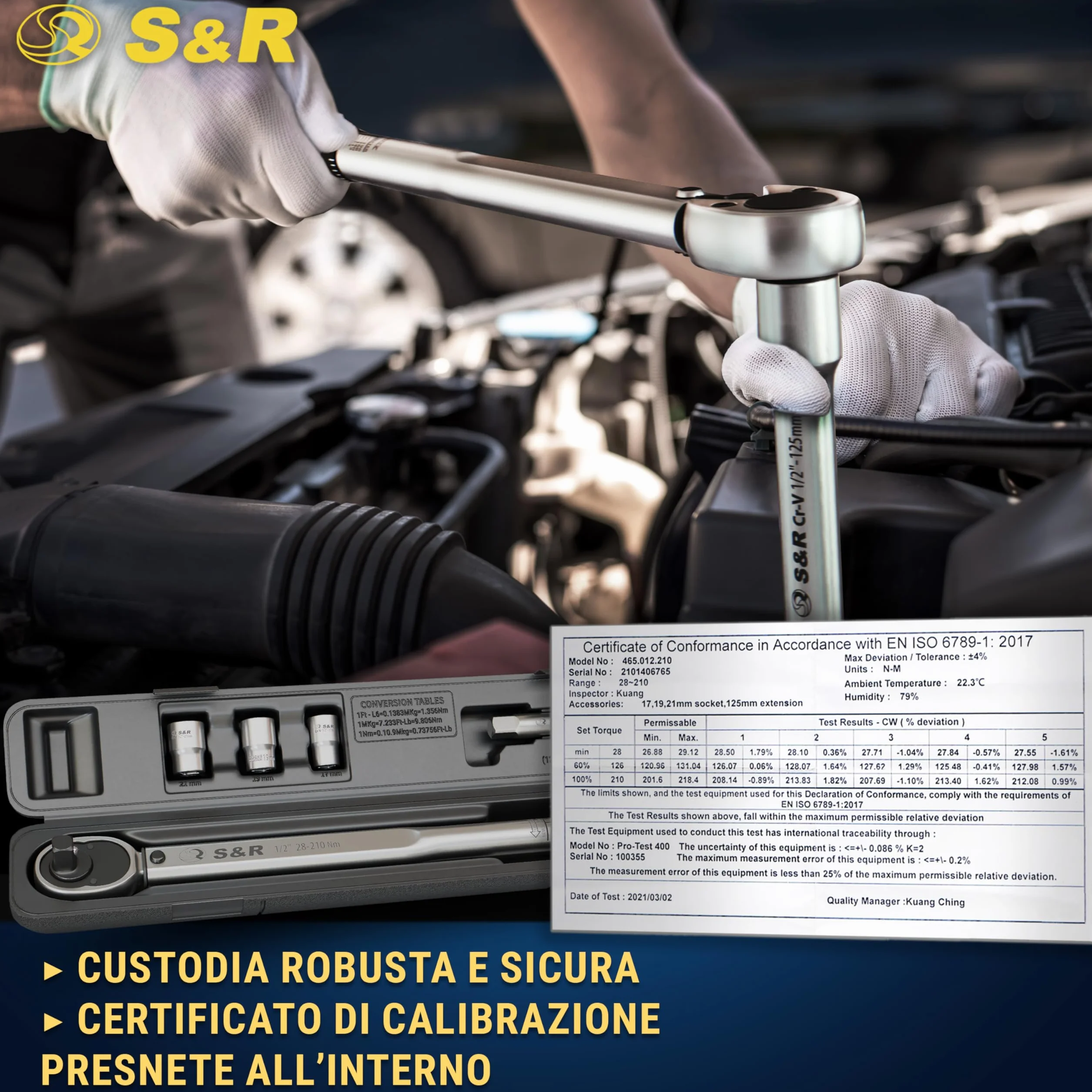 S&R Chiave Dinamometrica 1/2 28-210 Nm Set Professionale con Prolunga e Bussole 17-21mm