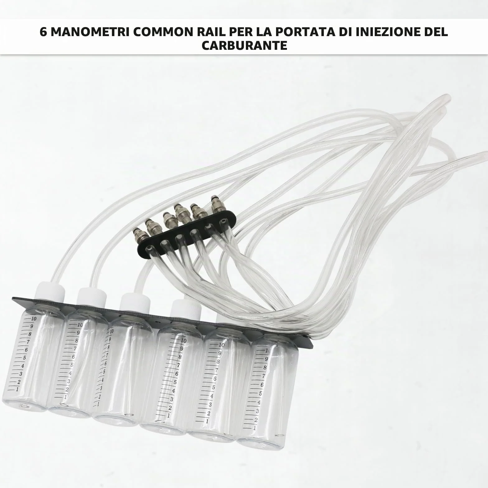 Kit di Test Perdite Diesel Common Rail con Flussometro Iniettori 6 Cilindri 24 Adattatori