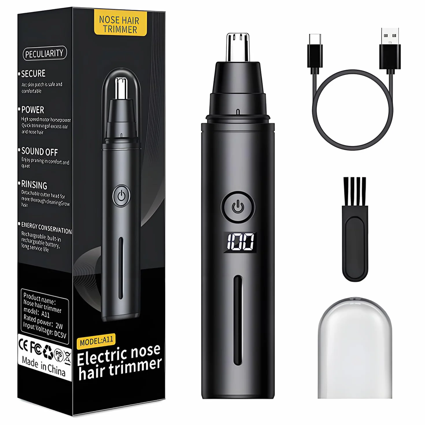 Tagliapeli Naso e Orecchie Professionale Ricaricabile USB Resistente all'Acqua Nero