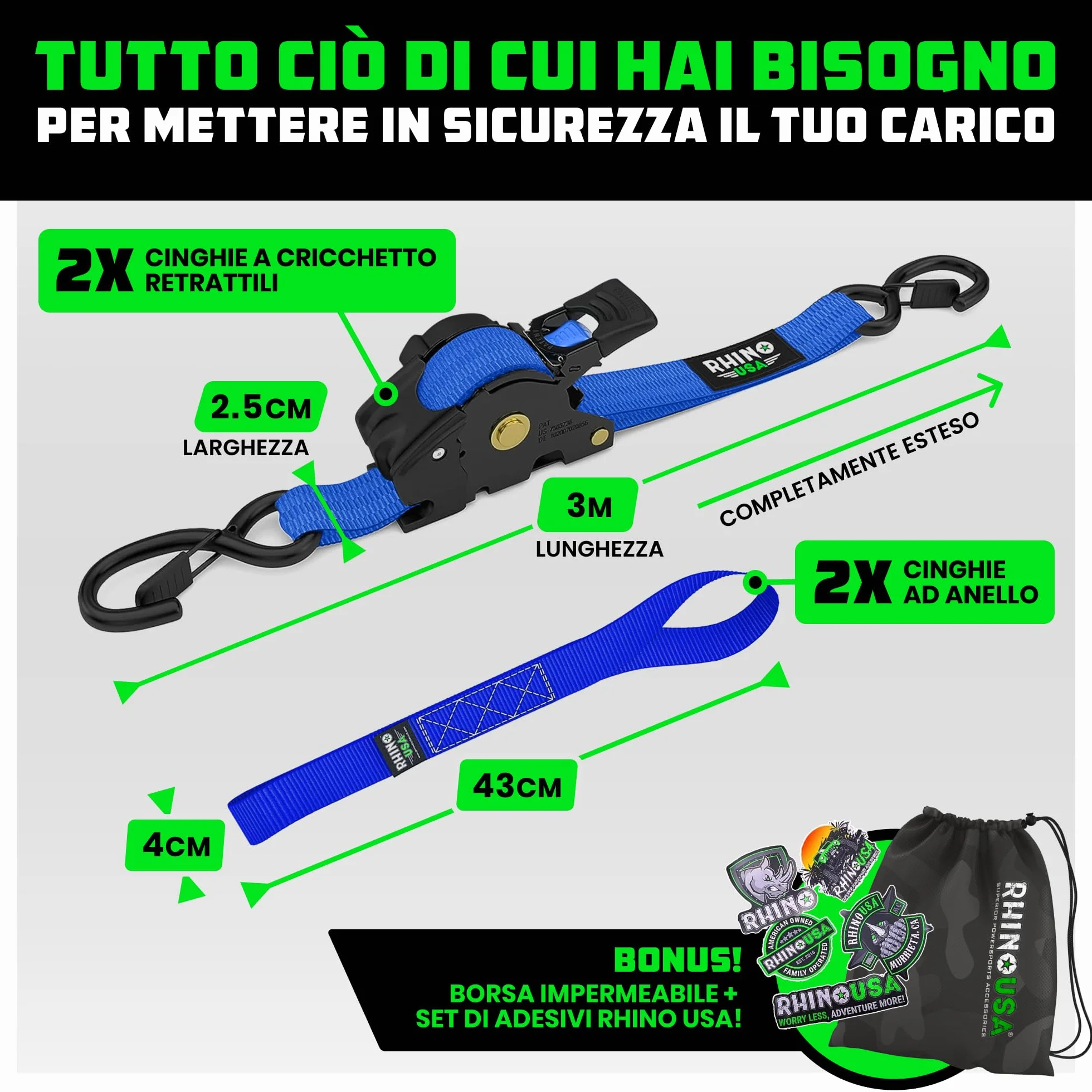 Rhino USA Cinghie a Cricchetto Retrattili 2.5cm x 3m 540kg Confezione da 2 Blu