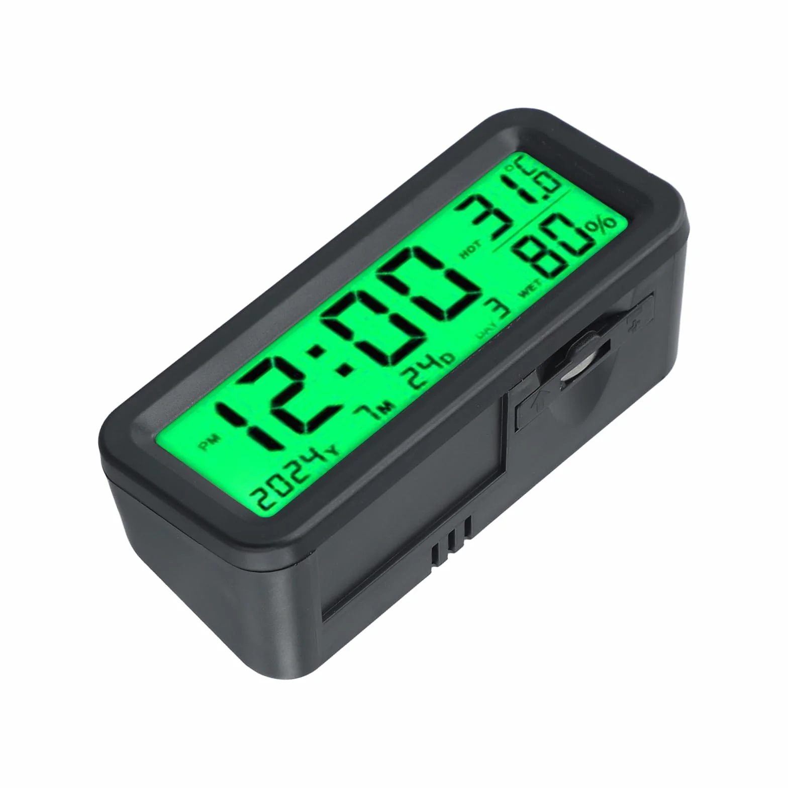 Mini orologio digitale per auto solare 8x3x3,5 cm data temperatura cruscotto blu verde