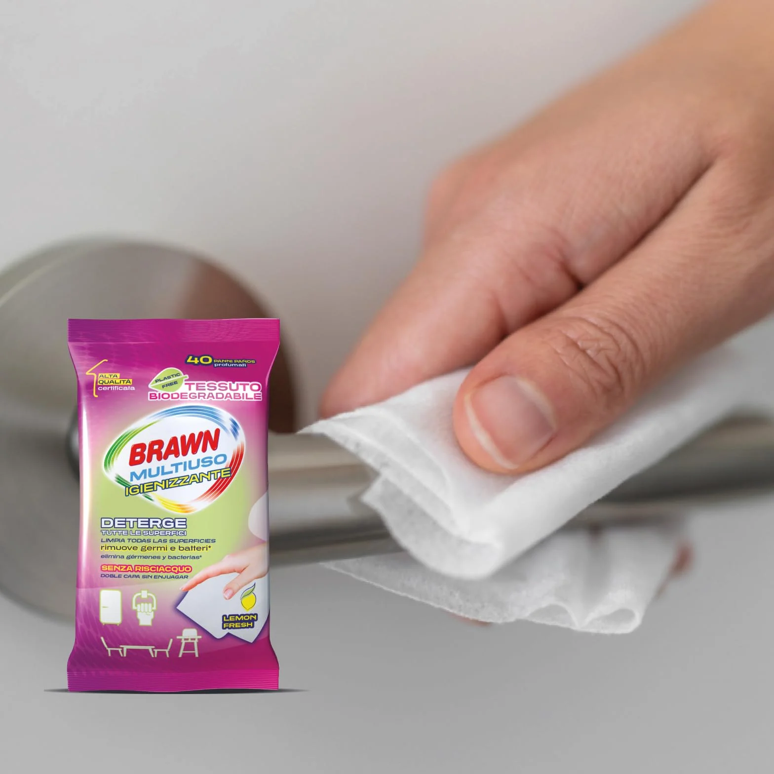 Brawn Multiuso Igienizzante 40 Panni, Detergono Tutte le Superfici, Profumo Lemon, Tessuto Biodegradabile