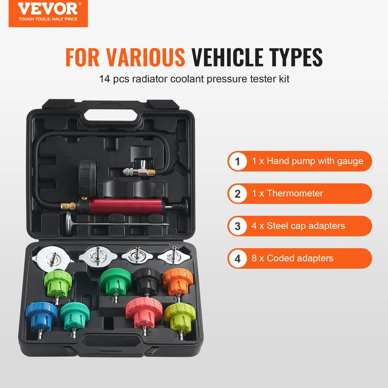 VEVOR Kit Tester Universale per Pressione di Sistema Raffreddamento del Radiatore con Adattatori per Pompa a Mano Tappi Codificati a Colori, Strumenti per Pressione con Valigetta per Auto Moto Camion