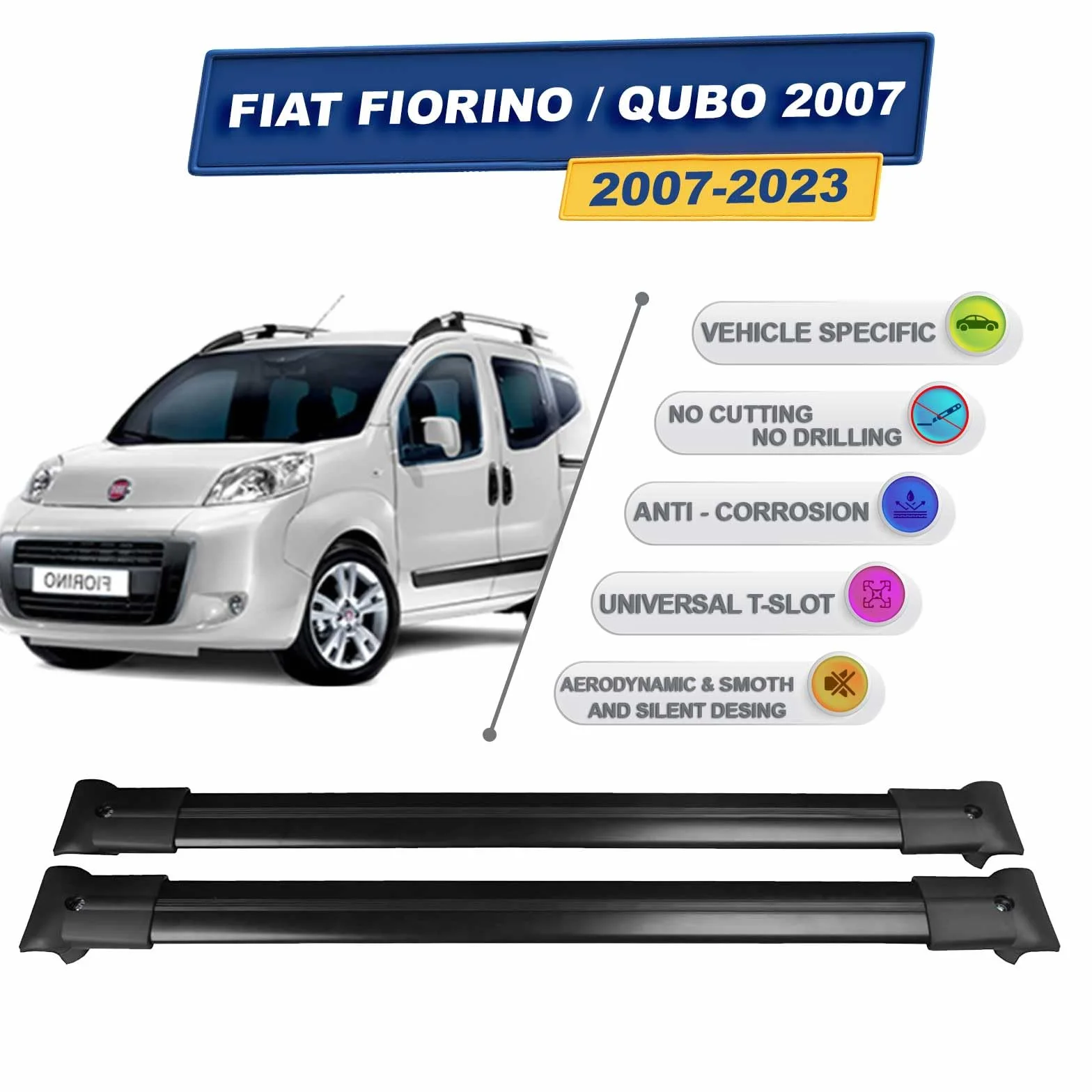 Cross Auto Accessories-Barre Portatutto Compatibili Con Fiat Fiorino/Qubo 2007-2023 Alluminio Portapacchi Auto Barre Da Tetto Set 2 Pcs Nero