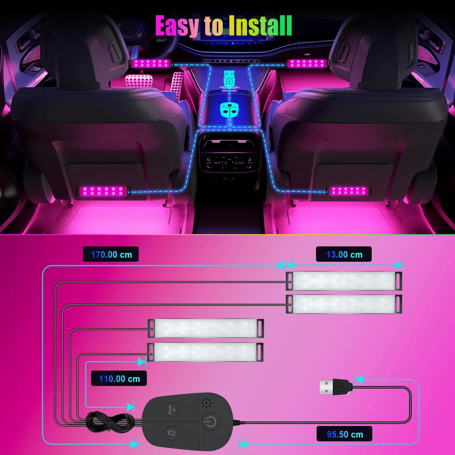 YiLaie LED Auto Interni, Luci Ambiente Auto con App e Controller, USB, 16 Milioni di Colori, Modalità Musica