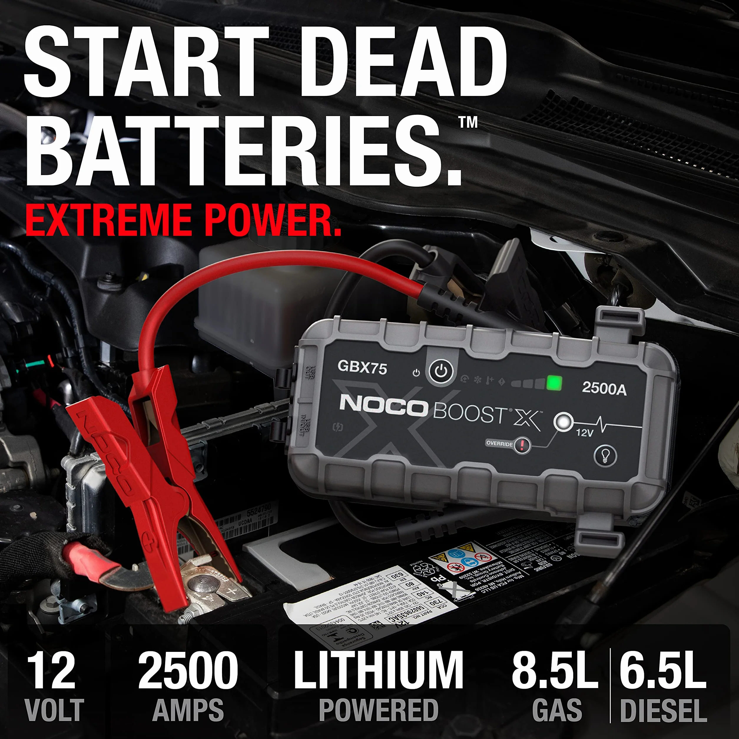 NOCO Boost X GBX75: Avviatore di Emergenza UltraSafe 2500A – Booster Batteria al Litio 12V, Caricabatteria Portatile Power Bank e Cavi Avviamento – Per Motori Benzina fino a 8.5L e Diesel fino a 6.5L