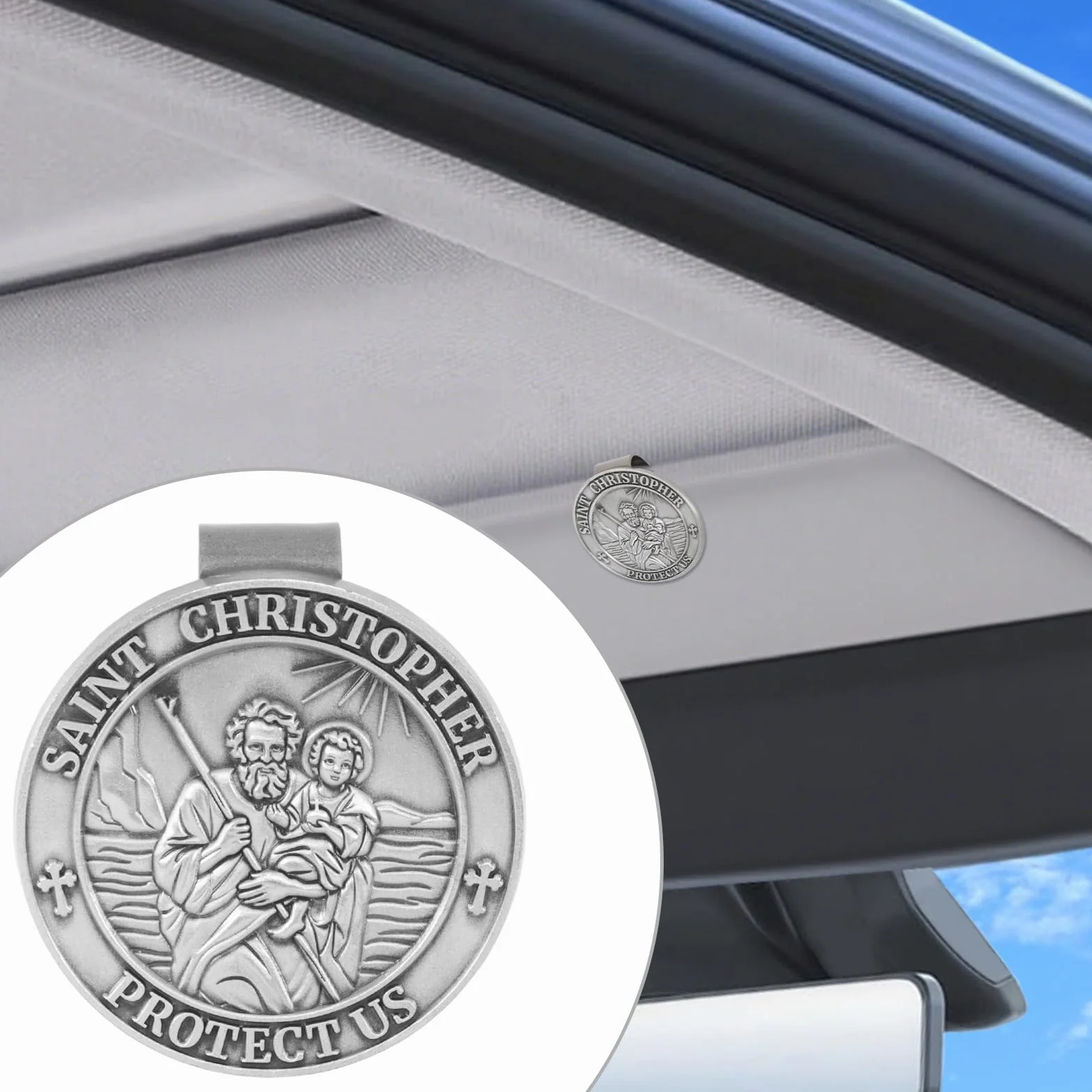 Penitue 2pz Medaglia di San Cristoforo per Auto, Clip Visiera Auto in Lega di Zinco Regali Nuovi Conducenti Clip Visiera Medaglia San Cristoforo per Familiari e Amici