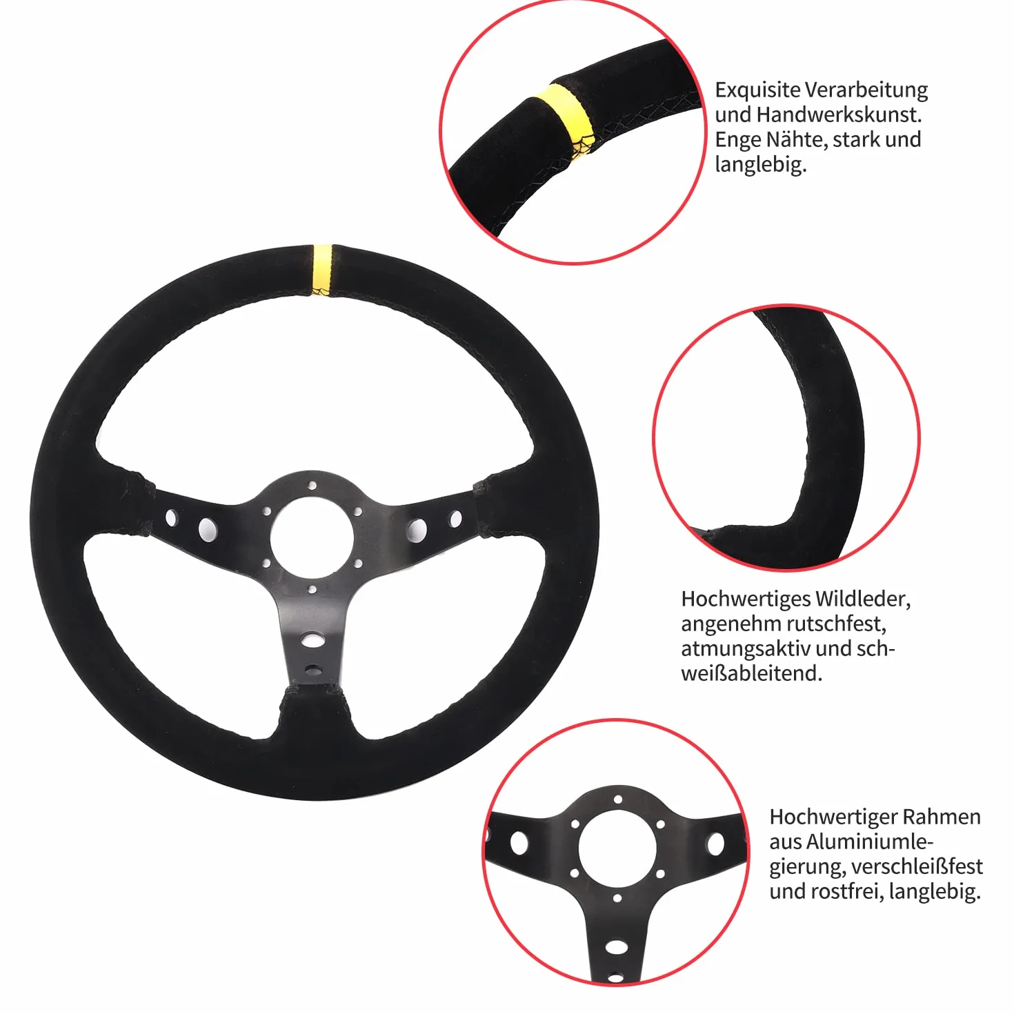aleawol Volante sportivo universale per auto, 14 pollici, 350 mm, per motociclisti, in pelle scamosciata, da corsa, per la codifica automatica, imitazione di volanti da corsa (nero + giallo a righe)