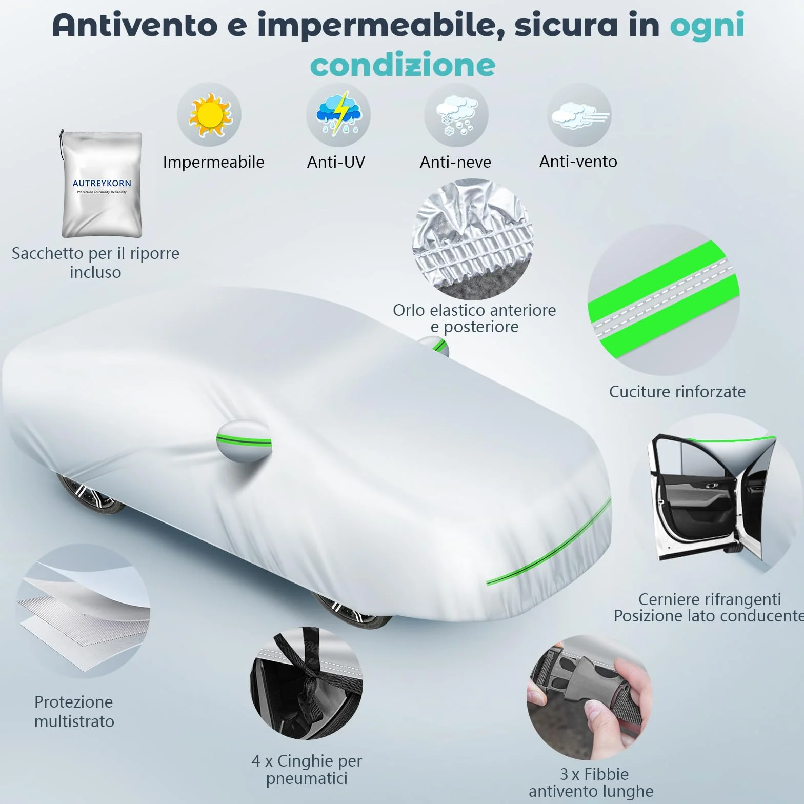 Telo Copriauto Impermeabile Anti UV Anti Vento e Antipolvere con Zip Laterale, Telo per Auto 460x185x160 cm Argento per Mid-size Car (Segmento D)