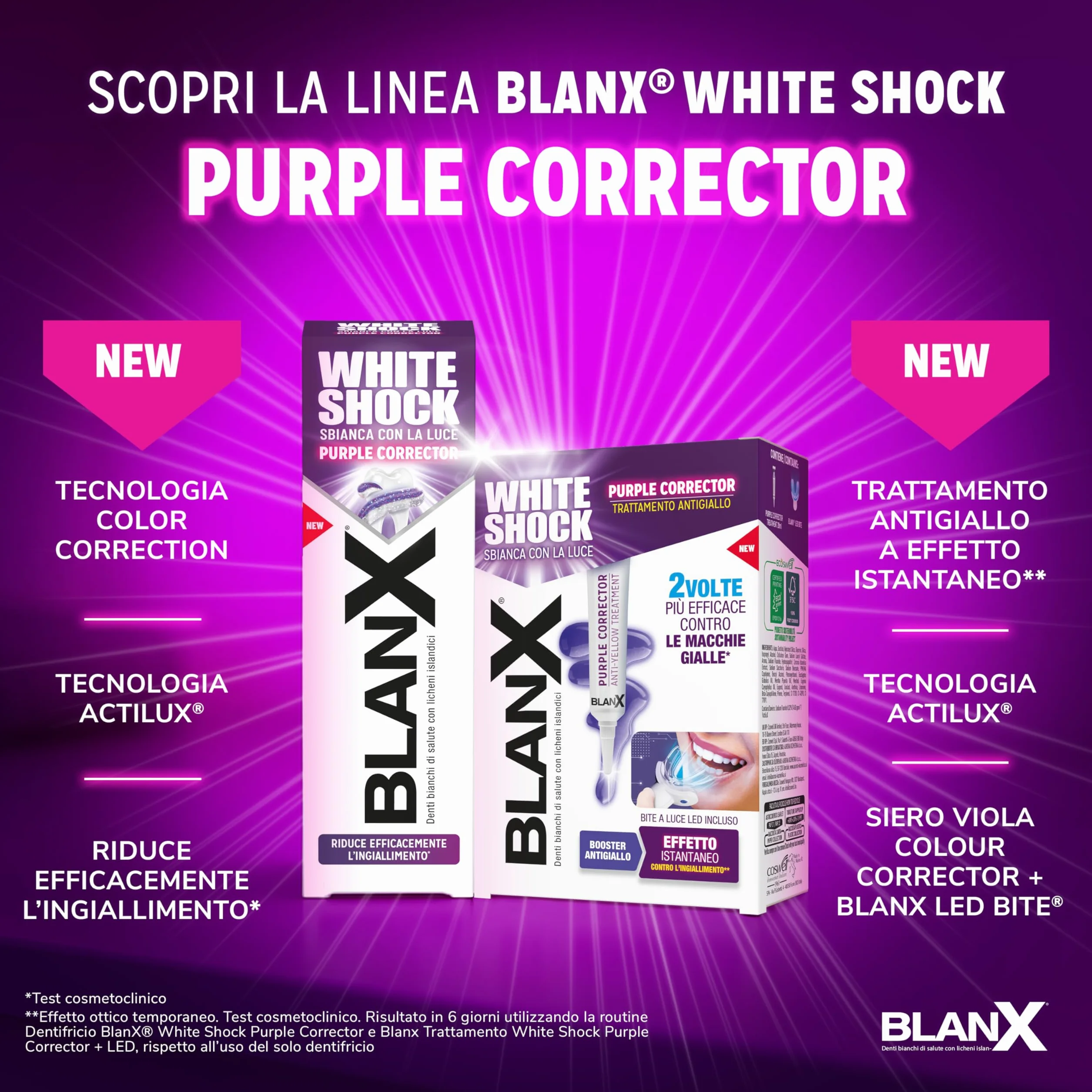 BlanX White Shock Purple Corrector Trattamento Sbiancante Antigiallo 20ml con Bite a Luce LED