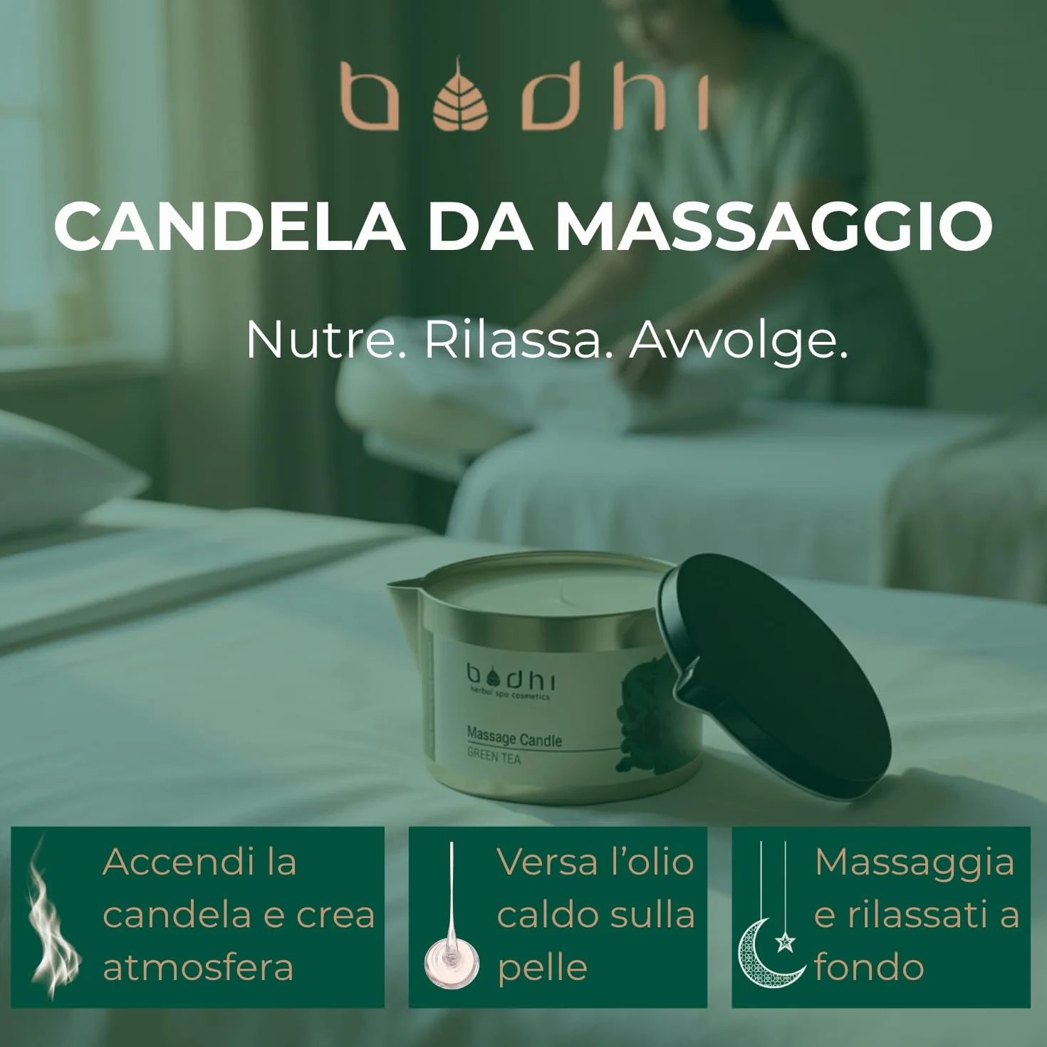 Candela da Massaggio Biologica 100% Cera di Cocco al Tè Verde - Olio per Massaggio Corpo - 95 gr