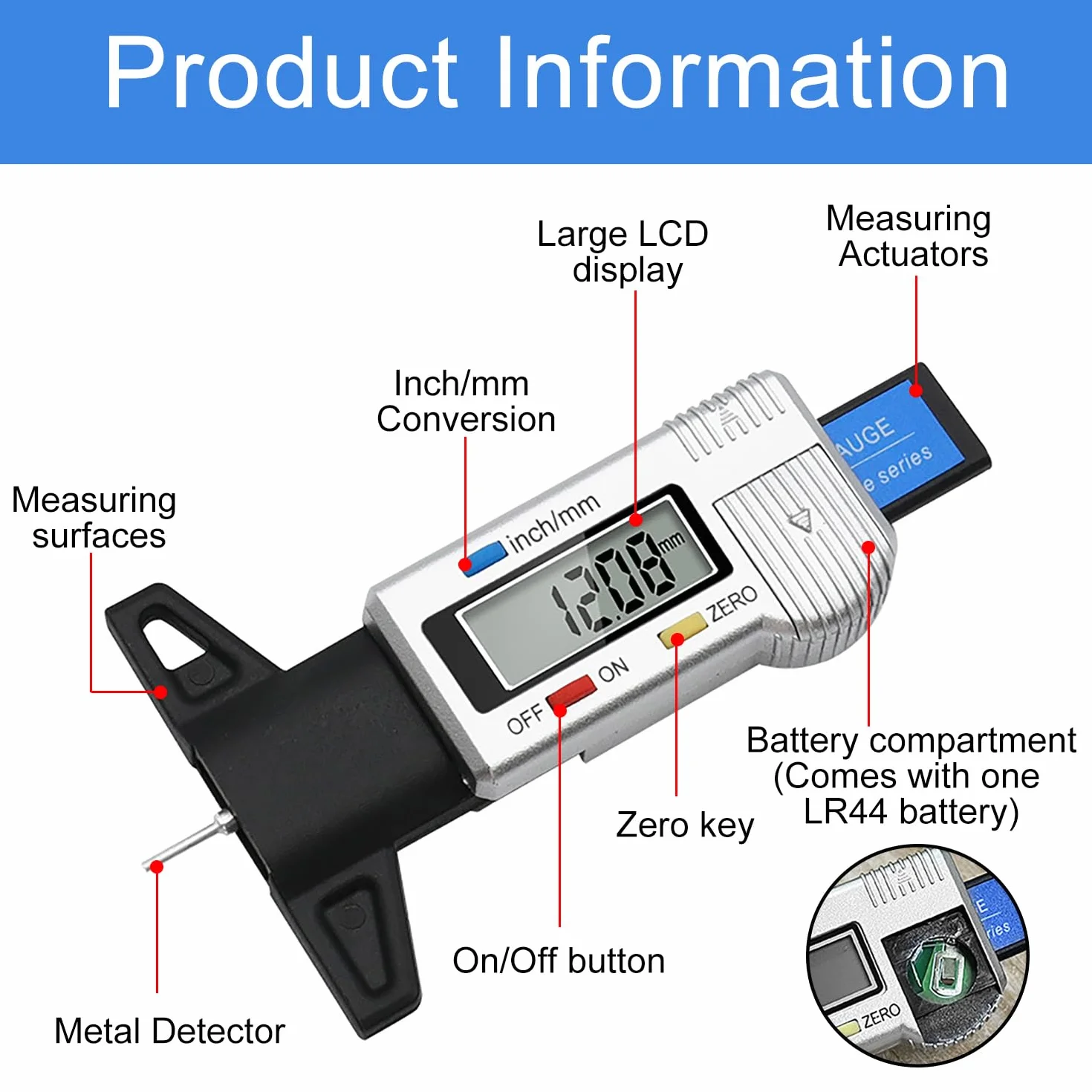 Digitale Misuratore di Profondità Battistrada 0-25.4mm LCD Display per Pneumatici Auto Furgoni Camion