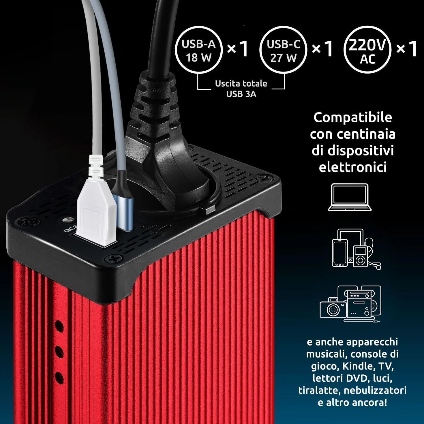Odoga Inverter 12V 220V 300W Convertitore Auto Presa Elettrica Trasformatore Camper Doppia USB