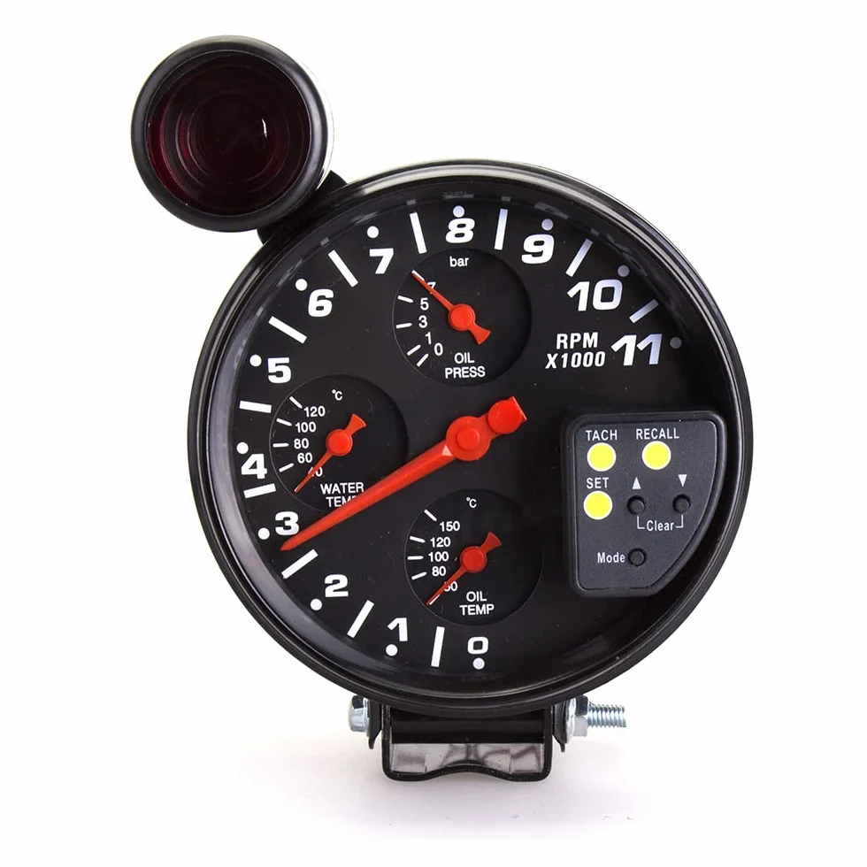 MASO - Tachimetro 4 in 1, 13 cm, giri/min, 12 V, con supporto, con indicatori di cambiata, indicatori di pressione e temperatura olio, per auto