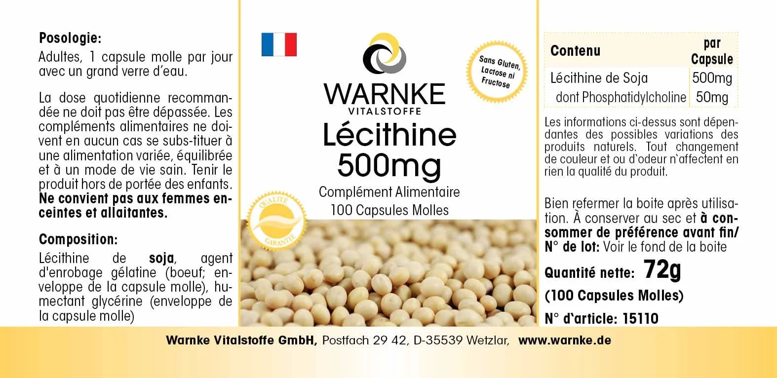 Lecitina di soia capsule molli 500mg - No OGM - 100 Softgels - Warnke Vitalstoffe