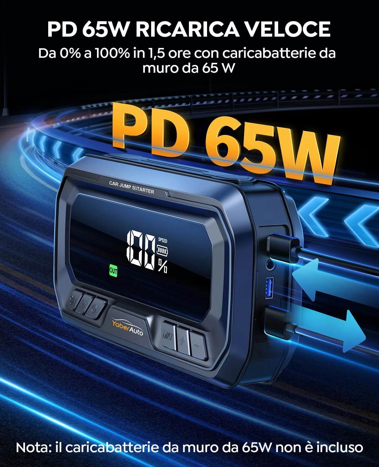 YaberAuto Avviatore Batteria Auto 8000A 26800mAh con Compressore 160PSI Uscita DC 160W, PD65W Booster Avviamento,Avviatore Emergenza per Auto (Tutto Gas/12.0L Diesel), 600 Lumens