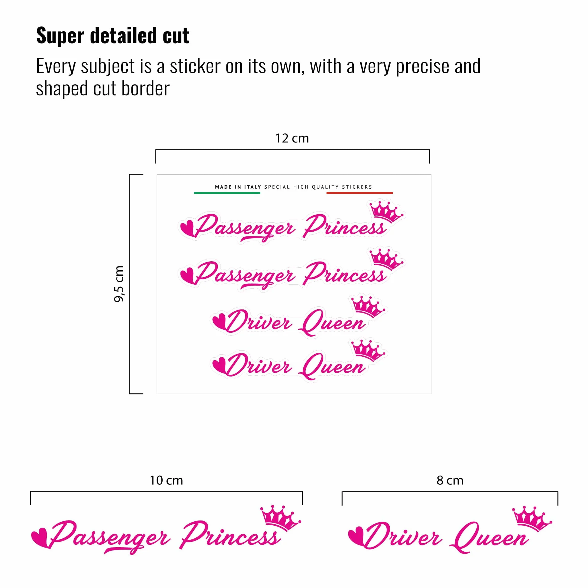 Adesivi Passenger Princess & Driver Queen Set 4 Stickers Decorativi 12 x 9,5 cm Fucsia Made in Italy