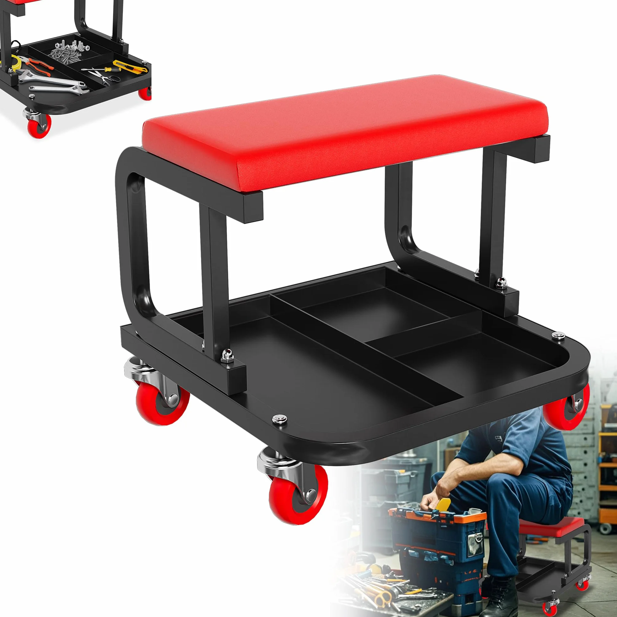 HENGMEI Sgabello da officina con rotelle a 360°, con scatola di immagazzinaggio (tipo C)