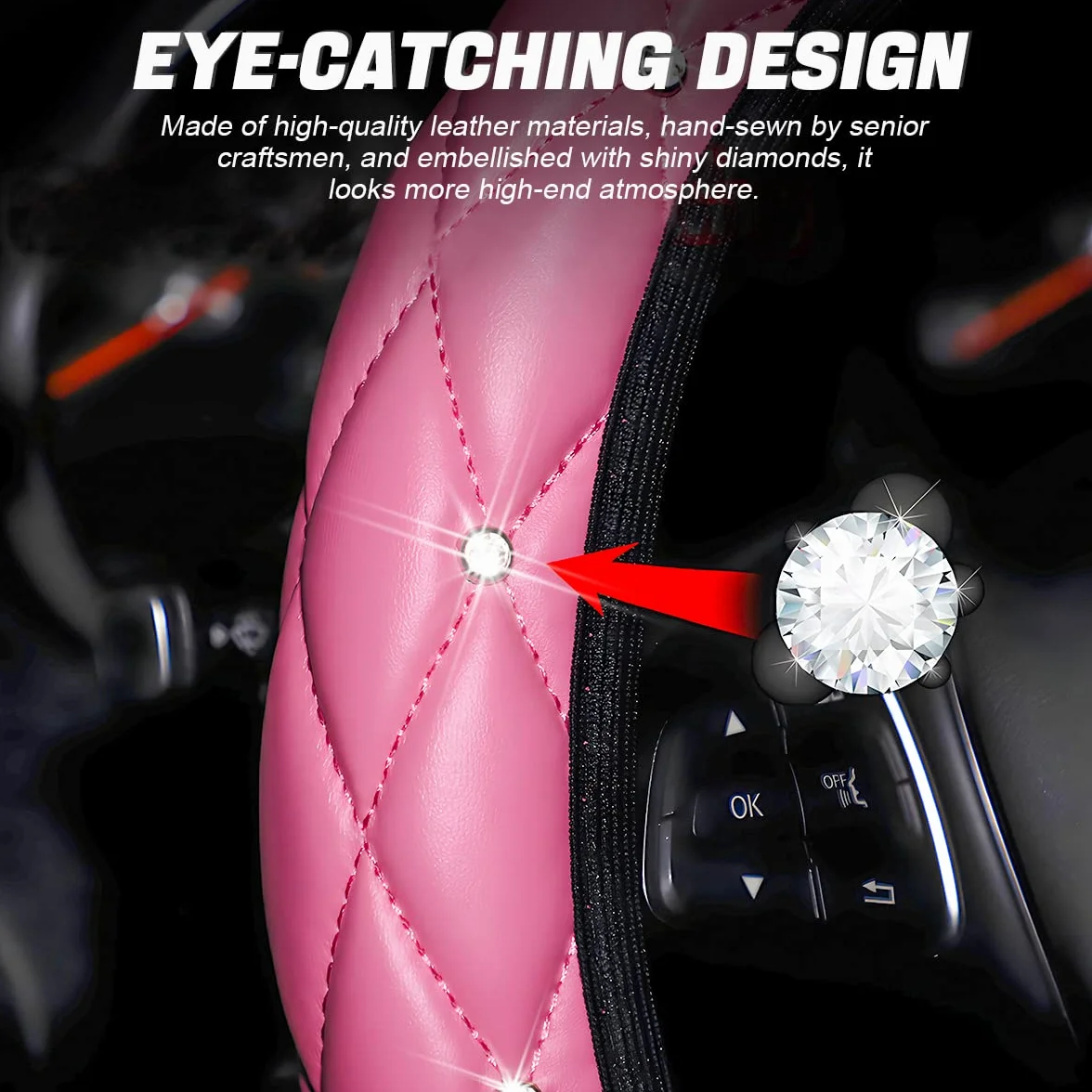 JNNJ Coprivolante Auto, Bling Copri Volante in Morbida Pelle, Bling Strass Copri Volante Universale 37-38 cm, Copristerzo Auto Traspirante Antiscivolo Interni Accessori per Donne Ragazze(Rosa)