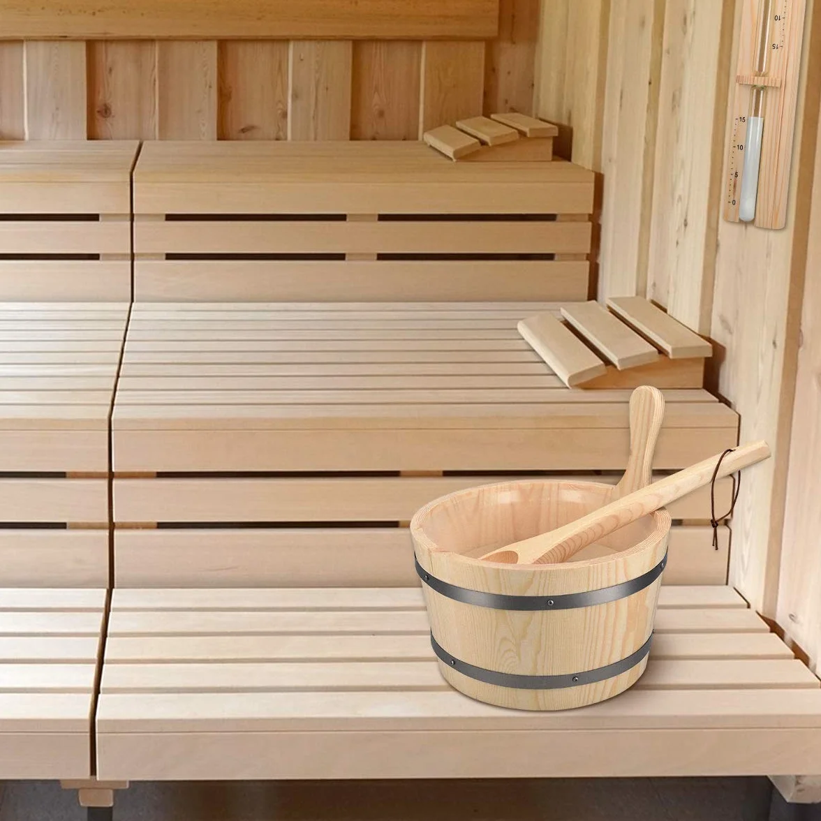 Navaris Secchiello da Sauna in Legno 5 Litri con Inserto in Plastica Mestolo e Clessidra - Set Accessori per Saune