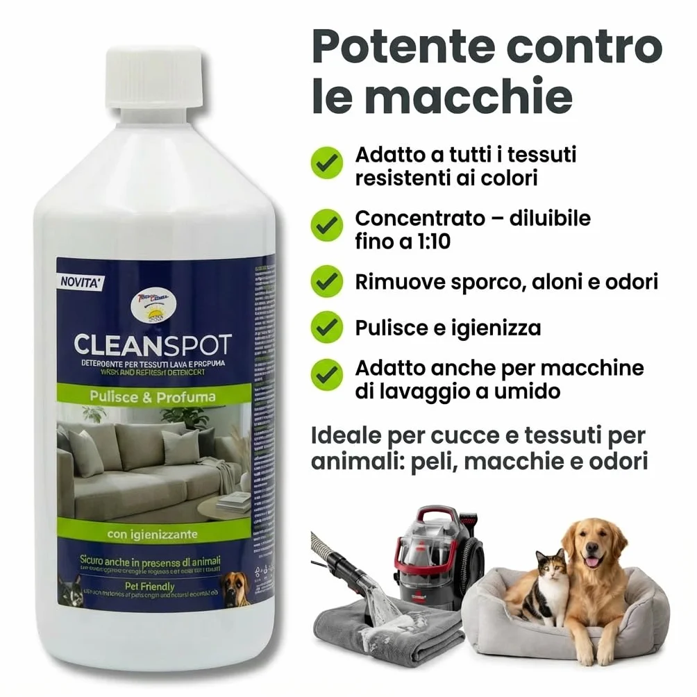 Cleanspot Detergente concentrato per tessuti e tappeti Wash & Refresh, Pet Friendly 1 litro