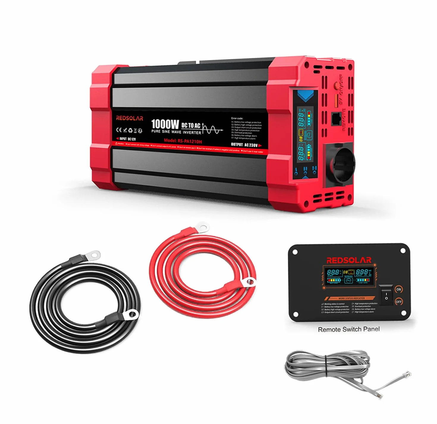 REDSOLAR Inverter Onda Sinusoidale Pura 1000W Picco 2000W Convertitore 12V DC a 220V 230V AC con Display LCD Porta USB Presa EU Pannello Remoto