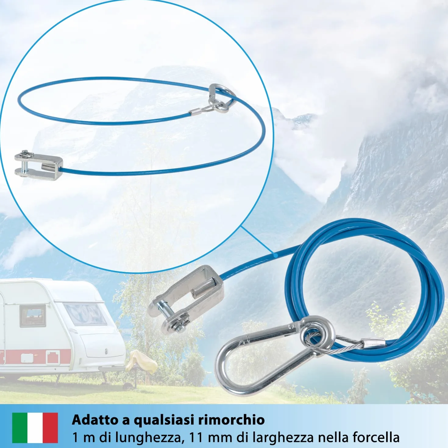 Cavo di sicurezza per rimorchi e caravan 1 m 250 kg blu con moschettone e testa a forcella
