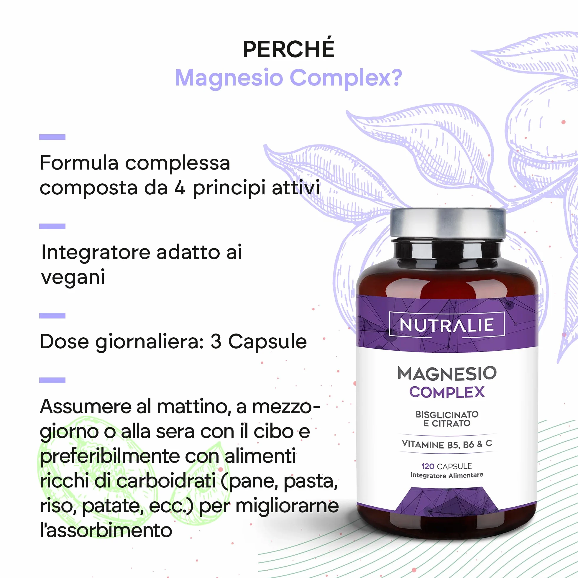 Magnesio Bisglicinato + Citrato 2145mg Vitamine B5 B6 C Stanchezza Fatica 120 Capsule Vegane Nutralie