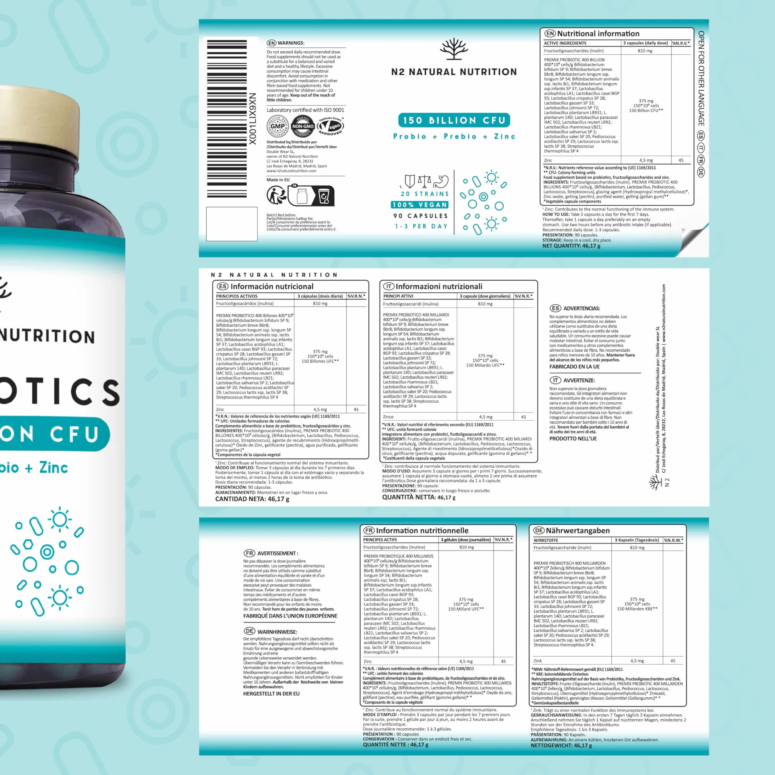 N2 Natural Nutrition Fermenti Lattici Probiotici 150 Miliardi UFC 20 Ceppi 90 Capsule Vegano
