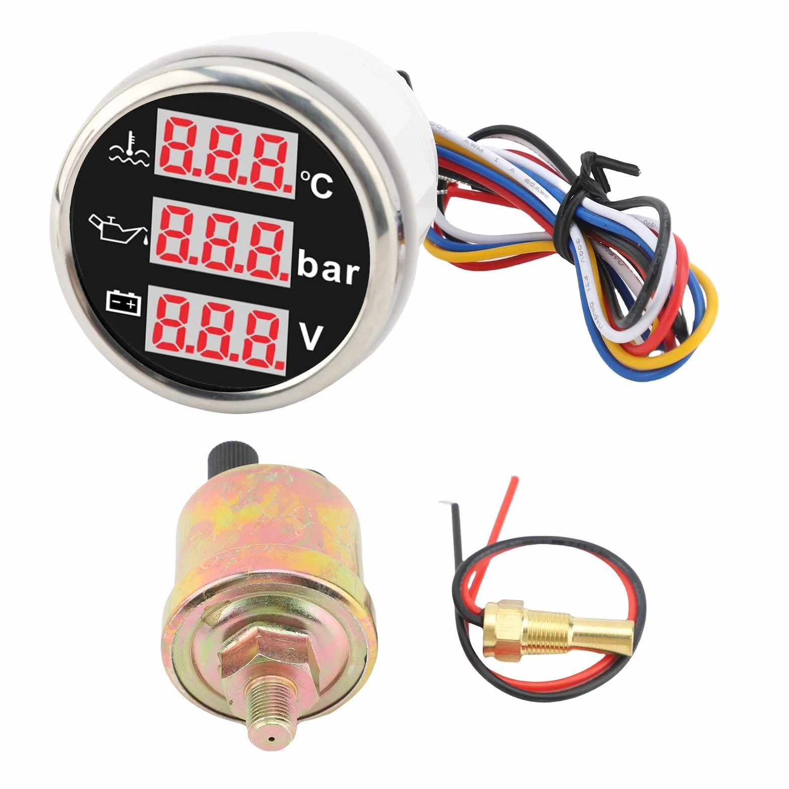 Kit sensore strumento 3 in 1 Temperatura liquido di raffreddamento motore Misuratore di pressione olio Voltmetro batteria Auto Barca 52mm Display digitale retroilluminato (Copertura argentata con