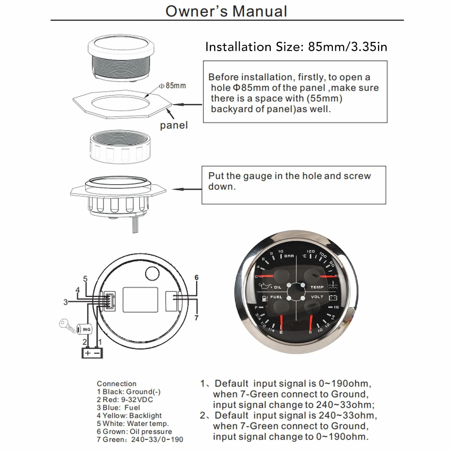 Misuratore di Livello Multifunzionale 4 in 1, Voltmetro Universale DC 9‑32 V 85 Mm Temperatura Acqua Marina Livello Carburante Pressione Olio con Retroilluminazione per Yacht Barca (Nero °C/Bar)