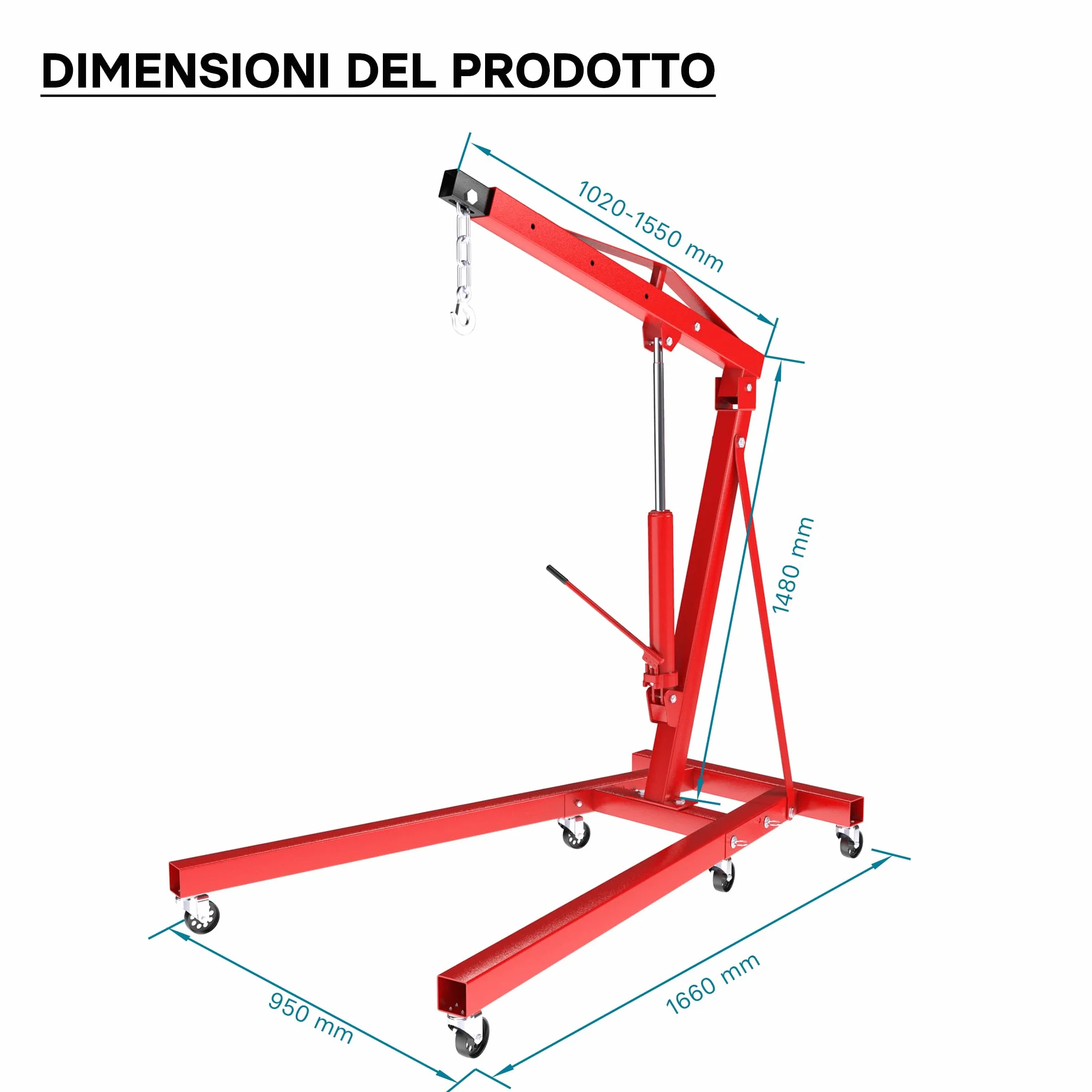 Wiltec gruetta idraulica da officina 2000kg, gru manuale pieghevole con doppia pompa