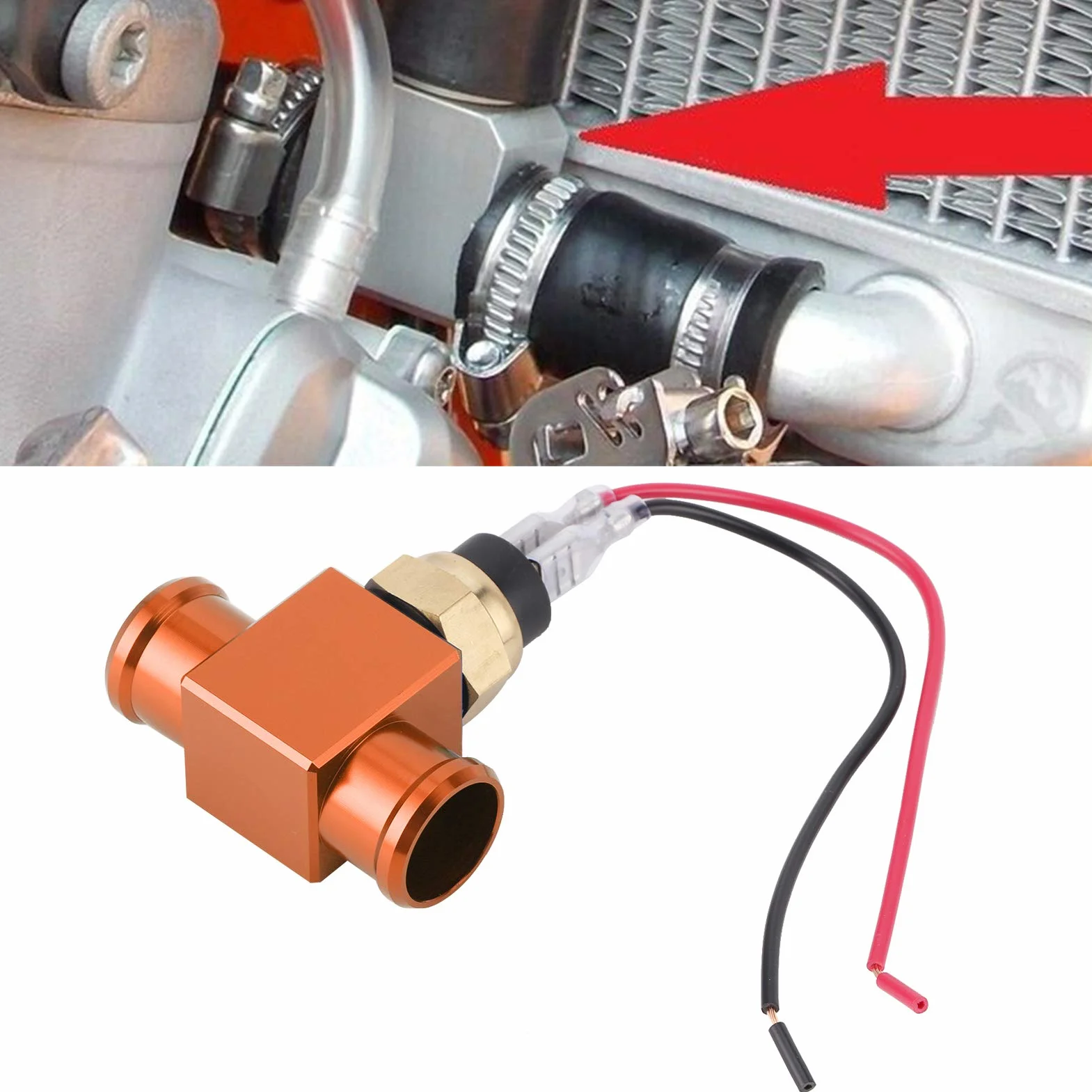 Interruttore di temperatura, termostato in lega di alluminio Interruttore temperatura acqua Radiatore Sensore temperatura ventola refrigerante Sensori temperatura per moto ATV Fuoristrada(arancia)