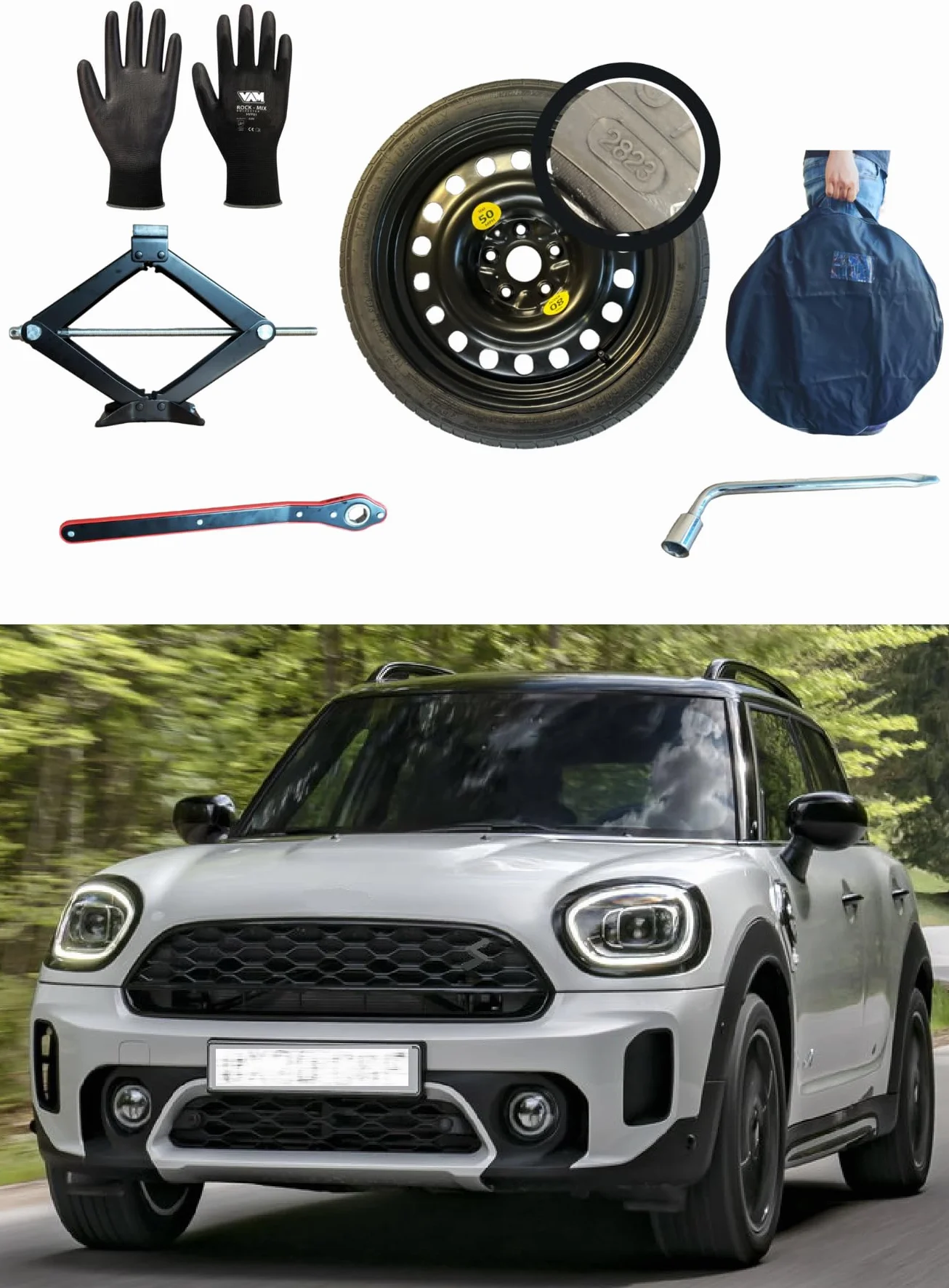 Kit Ruotino di Scorta 17" compatibile Mini Countryman R60 2010-2016 con Cric Chiave Guanti Sacca