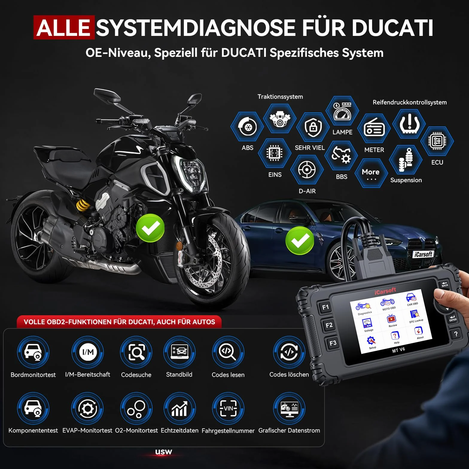 iCarsoft MT V6 Strumento di Diagnosi per Moto Ducati, Scanner OBD2 Completo, 153 Servizi Manutenzione, 112 Test Attuatori, Test Batteria