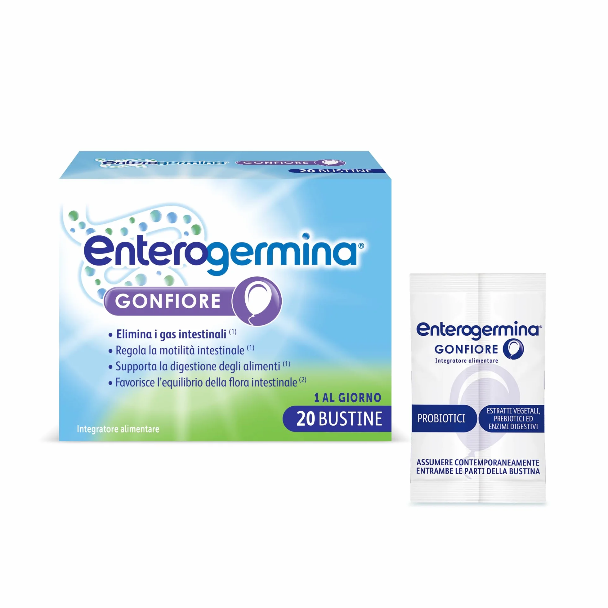 Enterogermina Gonfiore Probiotici Prebiotici Adulti Integratori Enzimi Digestivi Estratti Vegetali Pancia Gonfia Gonfiore Addominale 20 Bustine Gusto Pesca