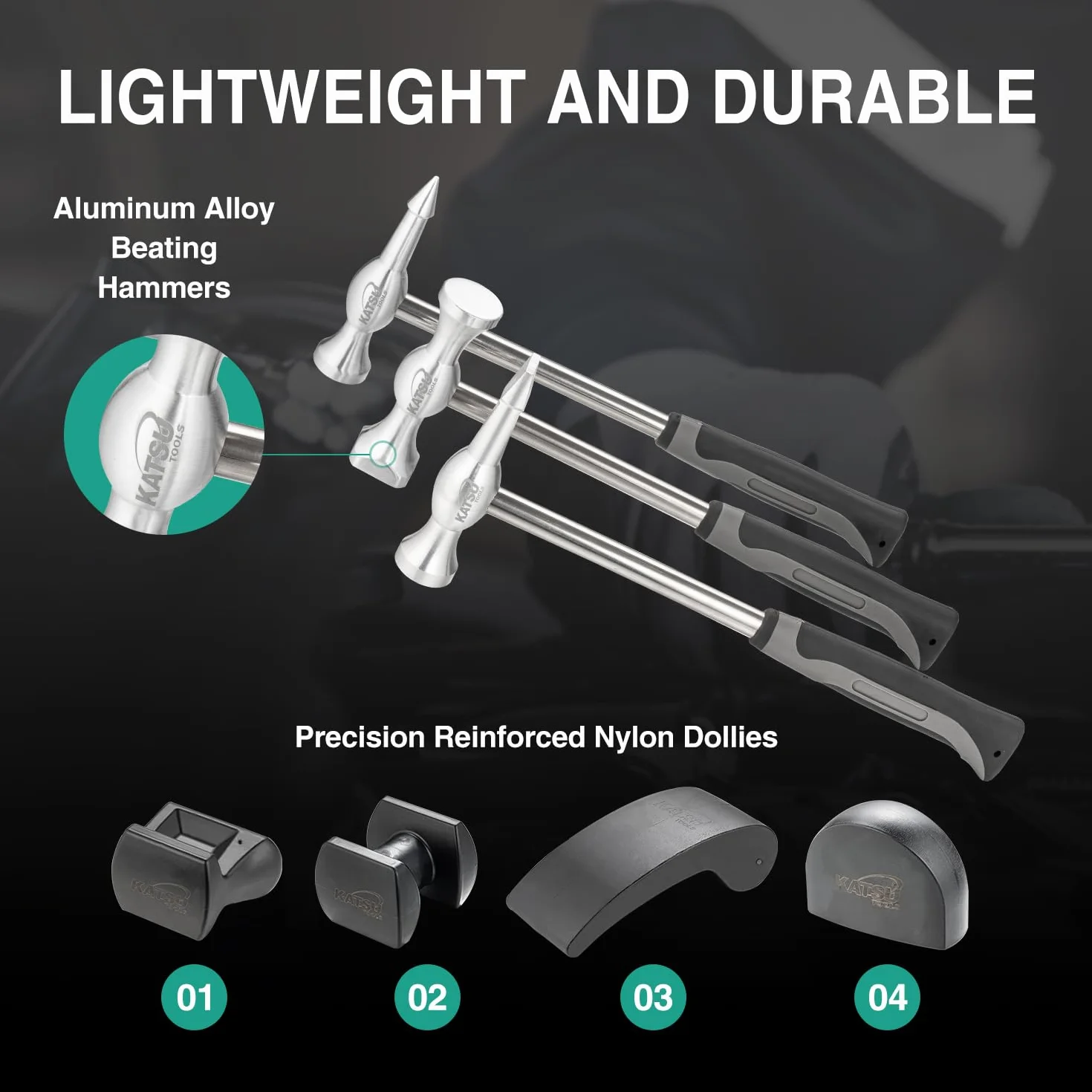KATSU Tools Set di 7 attrezzi professionali per riparazione ammaccature, in lega di alluminio, carrelli in nylon, leggeri, per la rimozione di ammaccature e carrozzeria, 454232