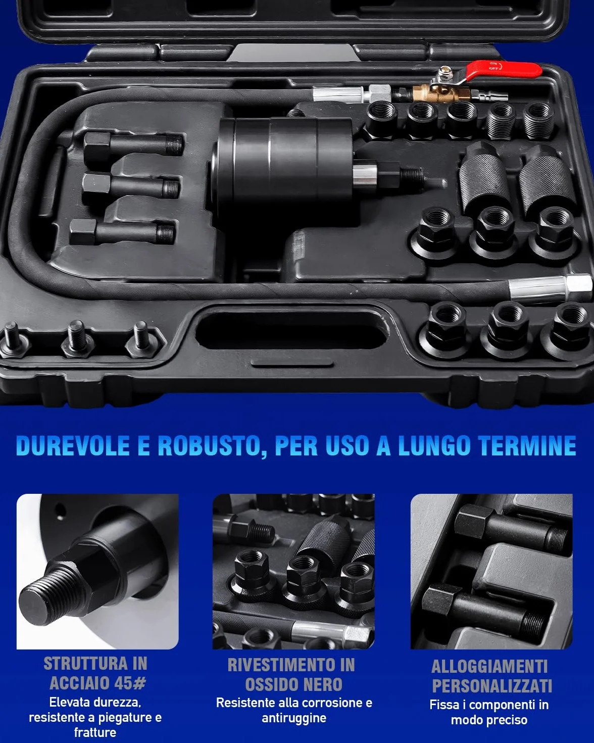 INCENDIOS Estrattore Iniettori Diesel Pneumatico 24 Pezzi con 19 Adattatori 3 Connettori 1/4" 5-8 Bar