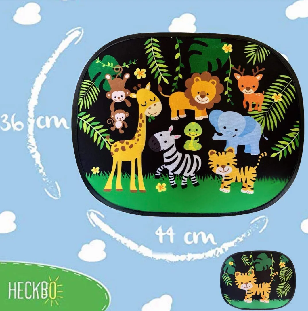 HECKBO 2x parasole per auto con 8 ventose - motivo animali della giungla - 44x36cm - parasole per finestrino laterale dell'auto - con tasca - per bambini, ragazze e ragazzi