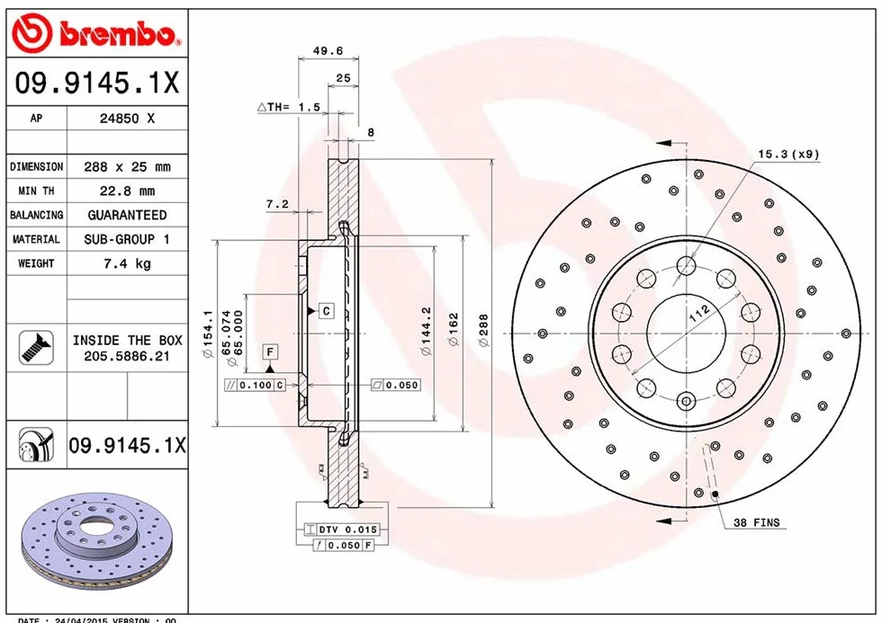 Brembo Xtra 09.9145.1X - Disco Freno Forato Anteriore, Set di 2