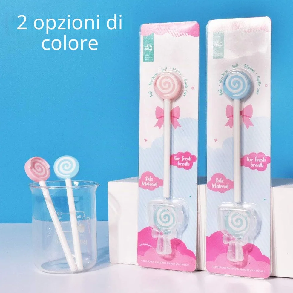 Spazzola per la pulizia della lingua a forma di lecca-lecca per bambini, raschietto lingua, 2 pezzi, rosa, azzurro cielo