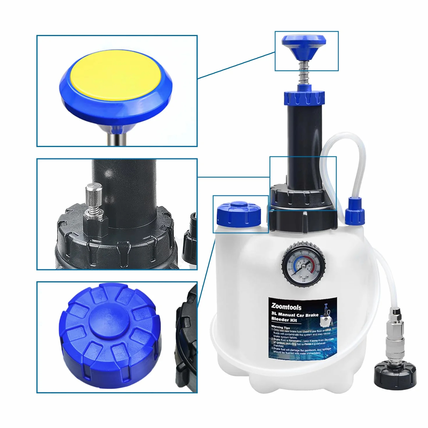 Kit di spurgo Freni Manuale 3L per Auto, Cambio Liquido Freni con Serbatoio Raccolta 1L, 4 Adattatori