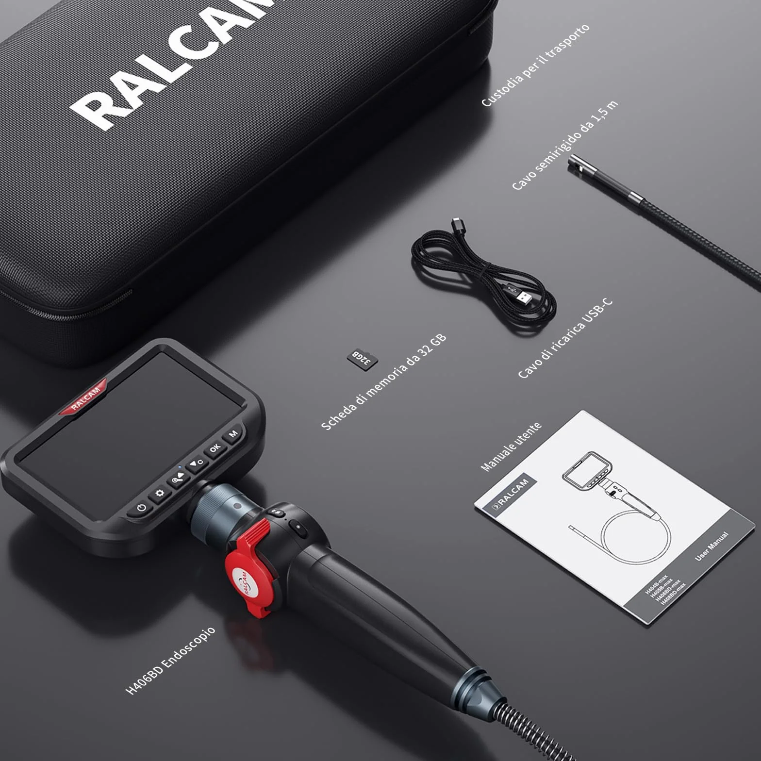 Ralcam Telecamera Endoscopica Borescopio Doppio 6,5 mm Testa Mobile 180° Schermo HD IPS 5" Impermeabile IP67 Cavo Semirigido 1,5 m