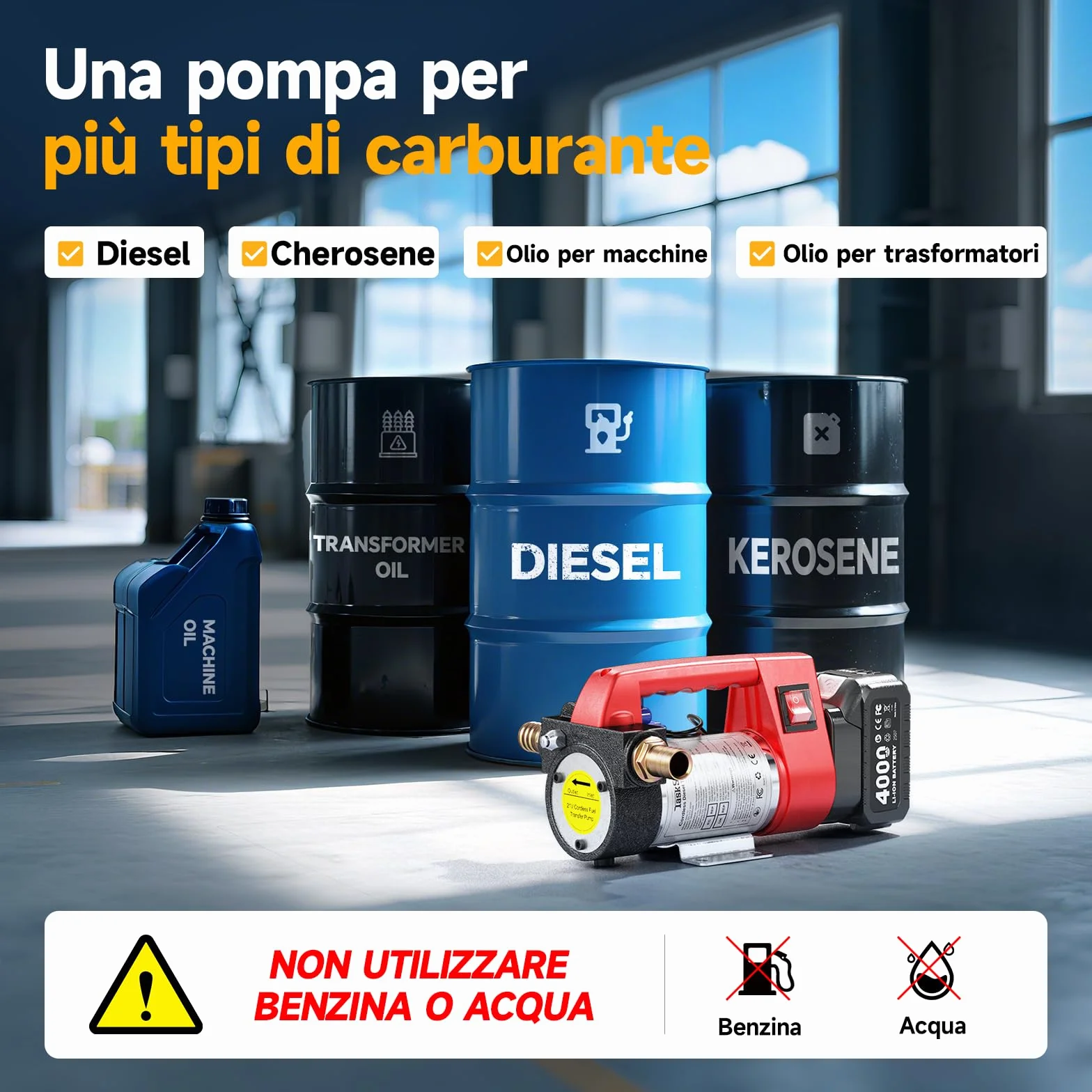 Taskstar Pompa Travaso Gasolio a Batteria 45L/min 21V Set con Batteria 4,0Ah Portatile