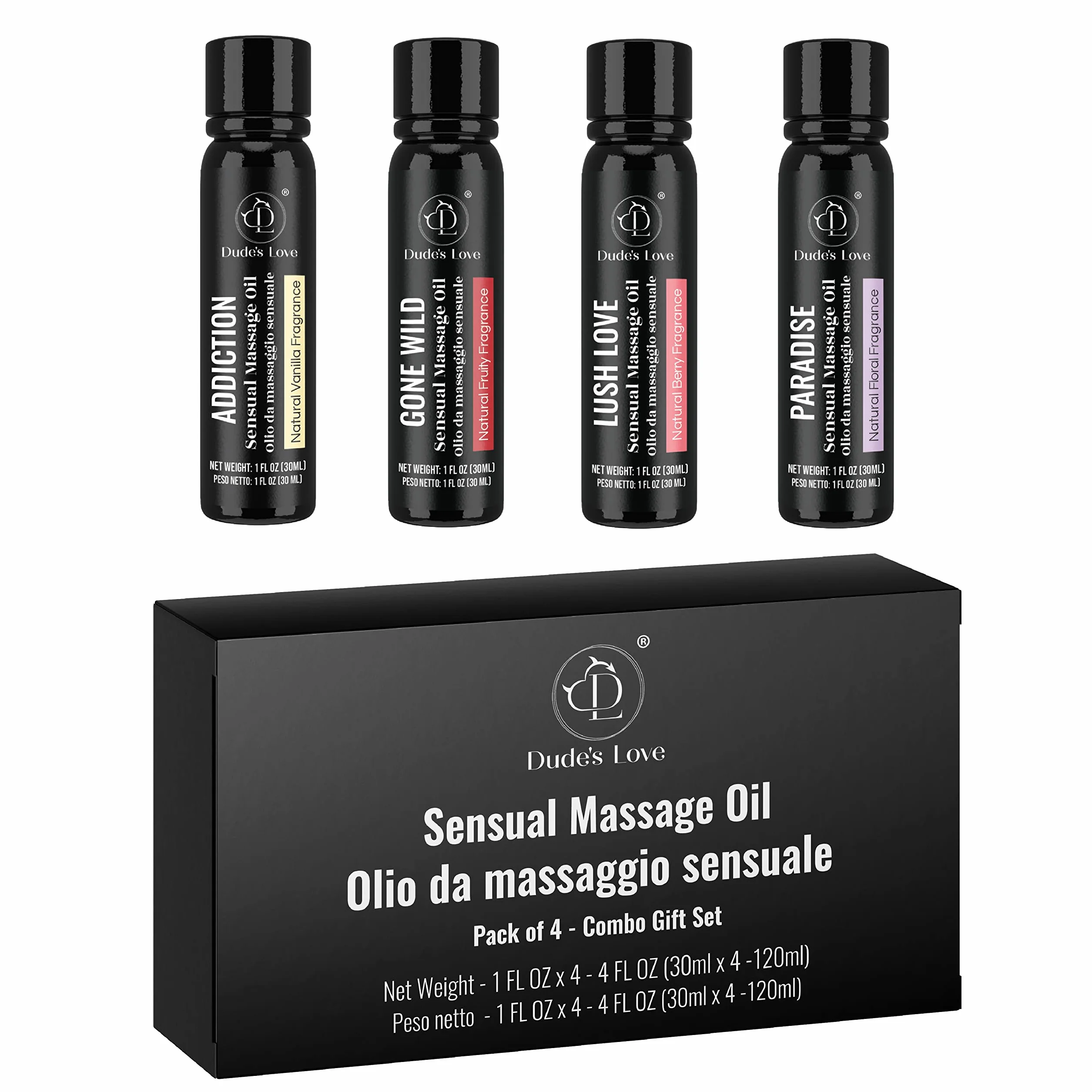 Set regalo olio da massaggio sensuale commestibile aromatico per tutto il corpo 120 ml